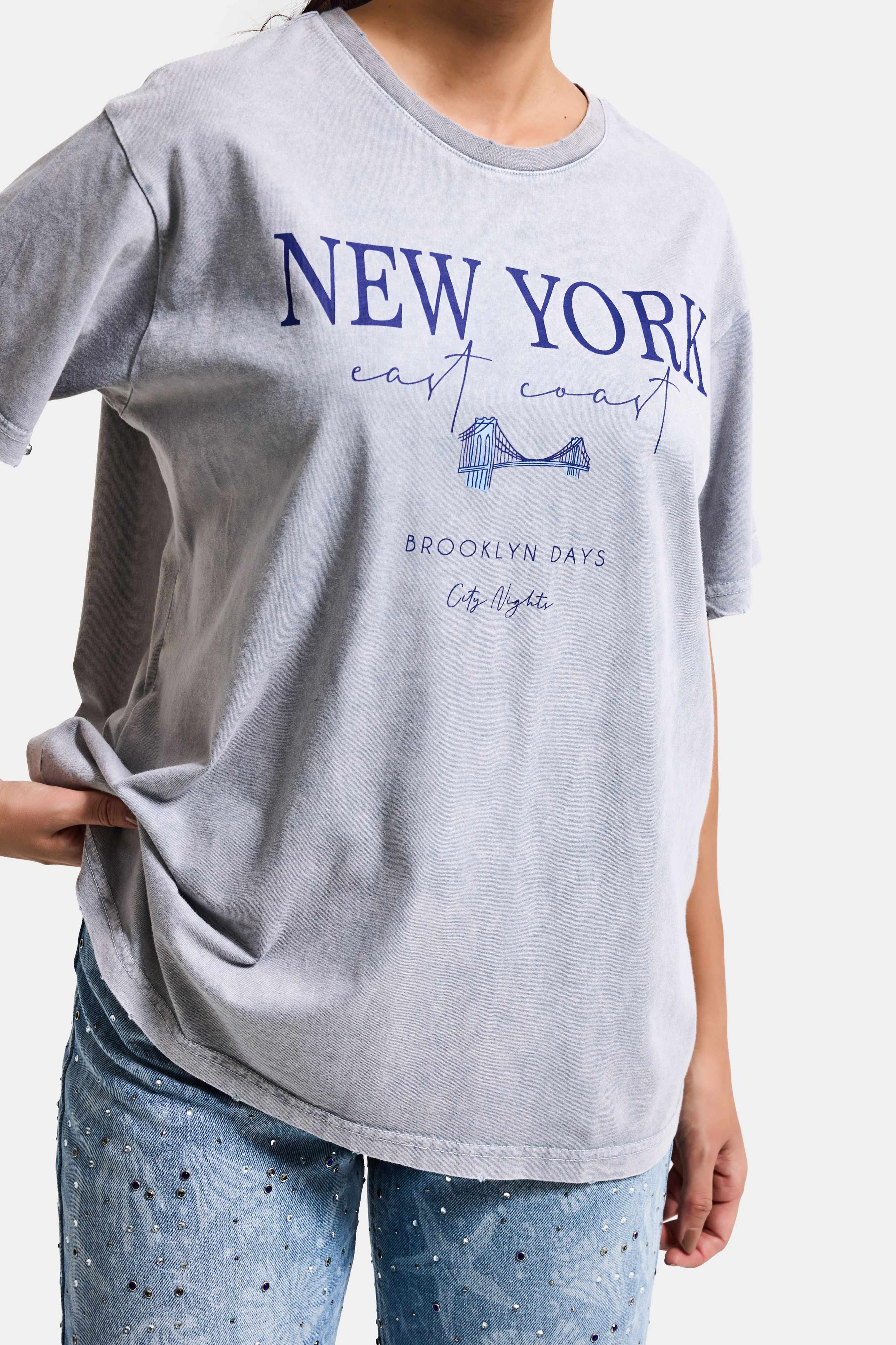 Kadın Antrasit s6-13 Oversize New York Baskılı T-Shirt