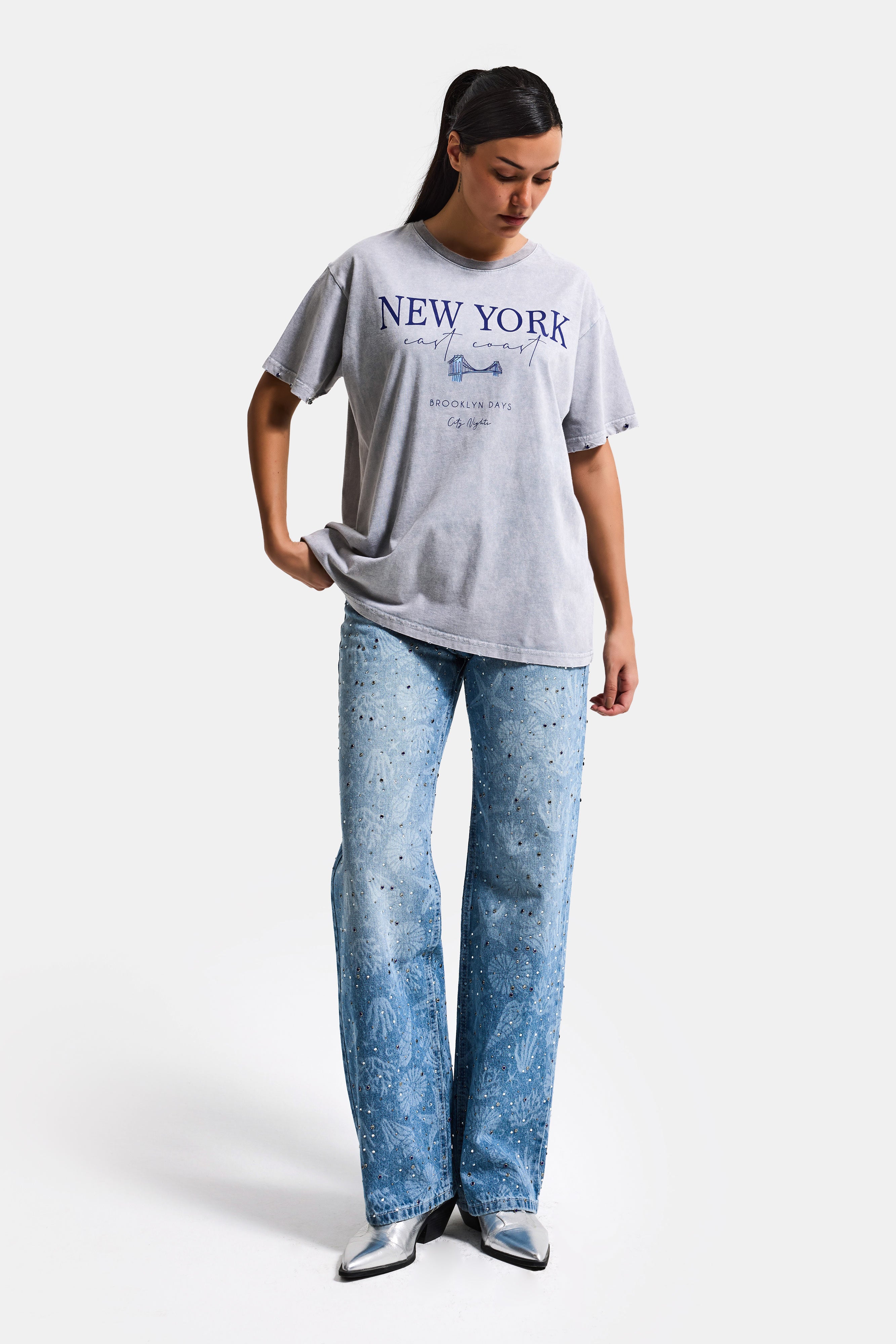 Kadın Antrasit s6-13 Oversize New York Baskılı T-Shirt