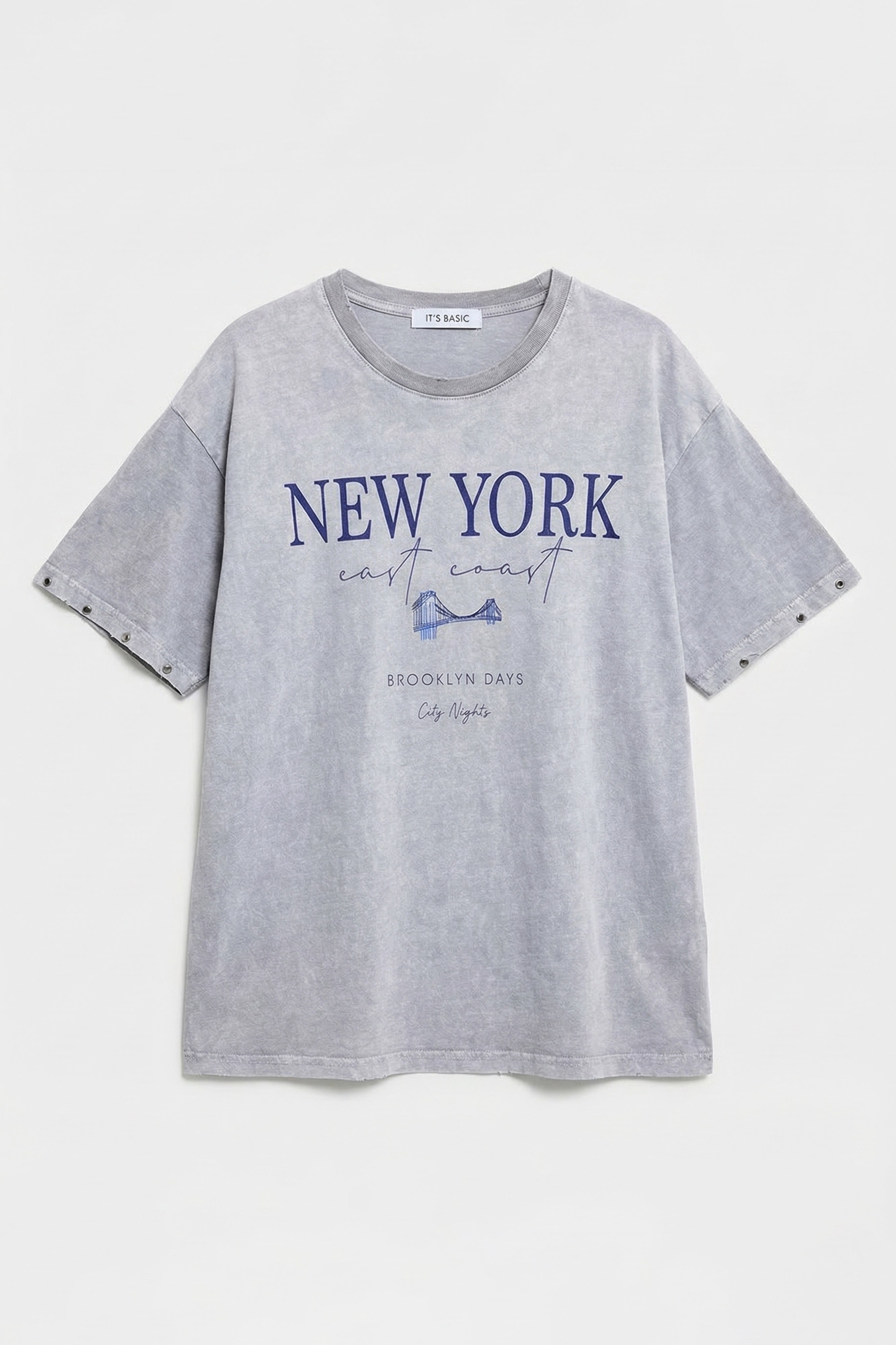 Kadın Antrasit s6-13 Oversize New York Baskılı T-Shirt