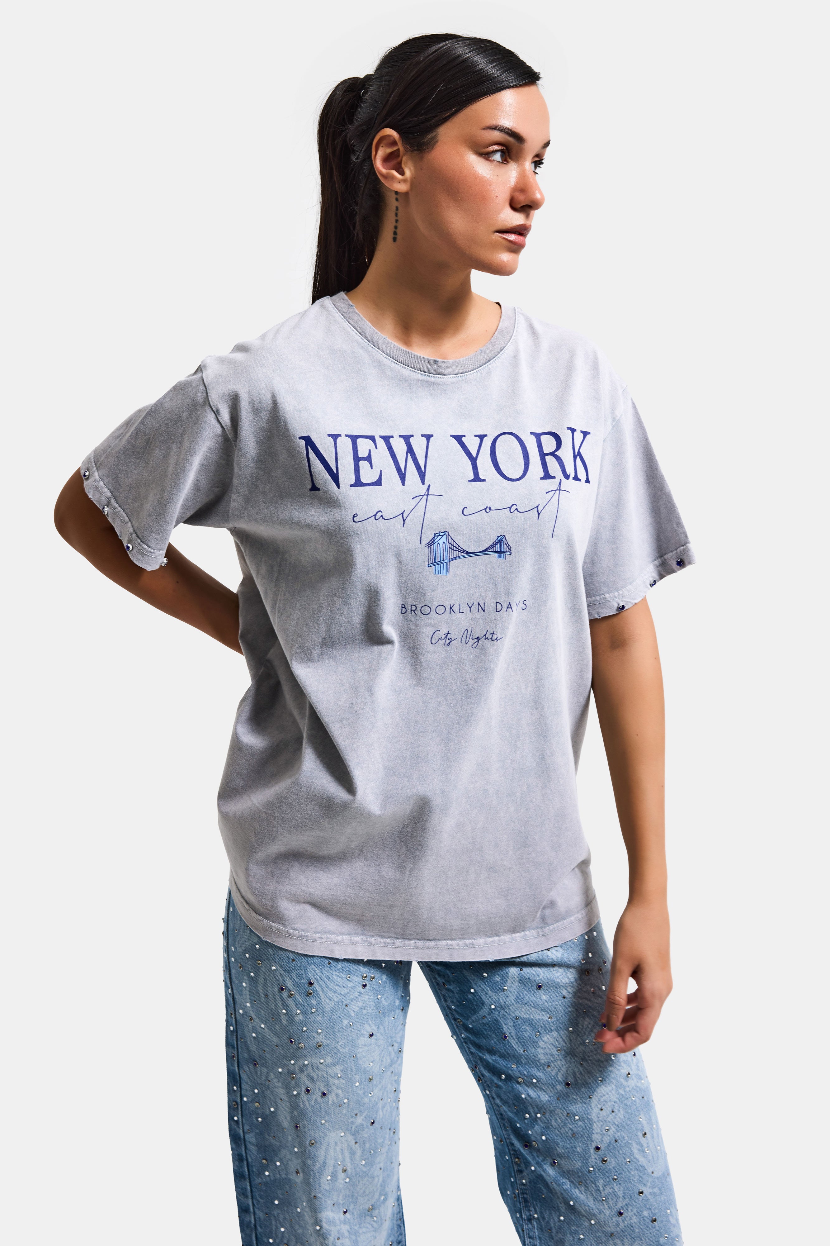 Kadın Antrasit s6-13 Oversize New York Baskılı T-Shirt
