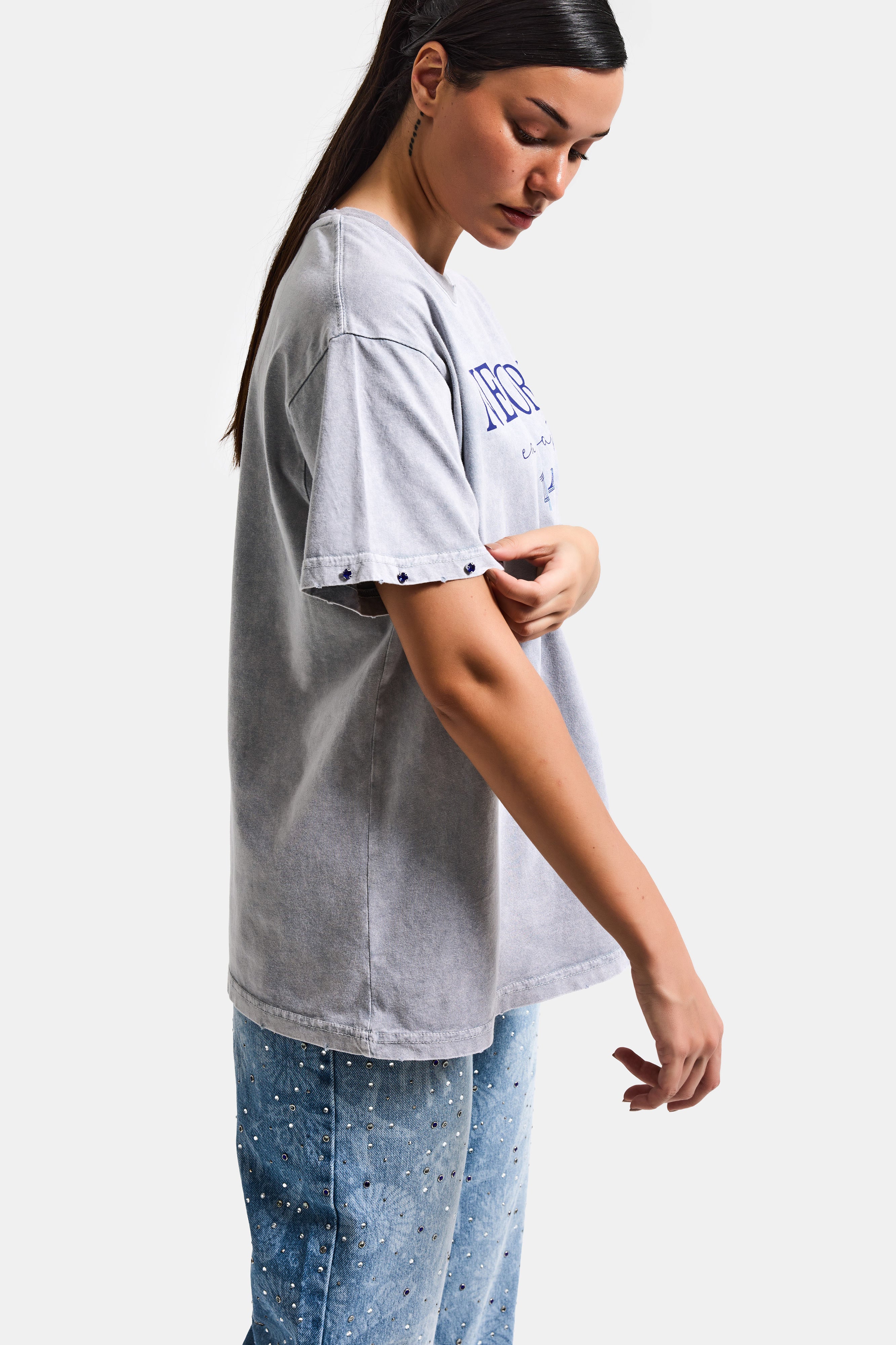 Kadın Antrasit s6-13 Oversize New York Baskılı T-Shirt