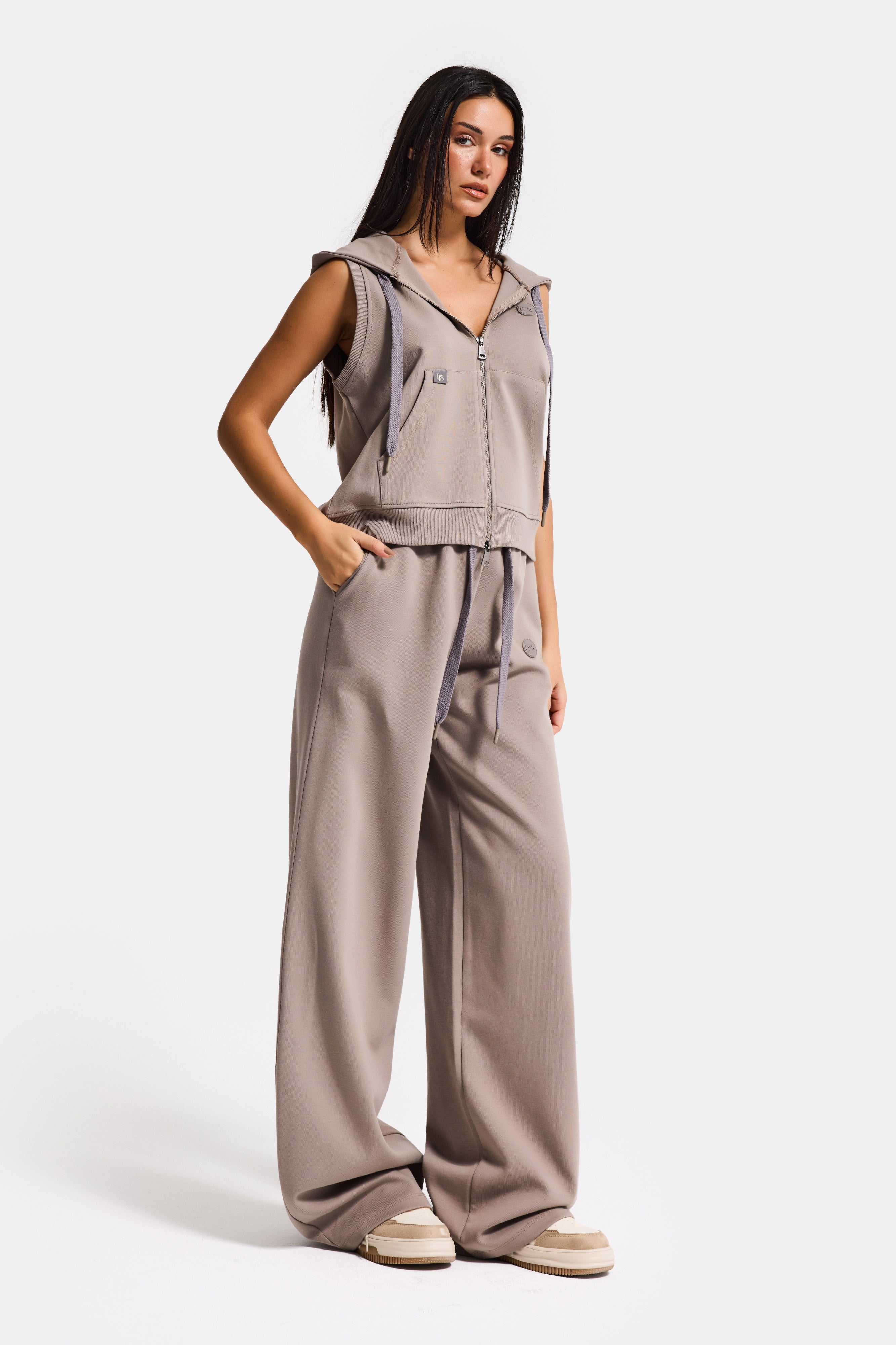 Kadın Antrasit s6-45 Alt Üst Kapüşonlu Yelek Yürüyüş Pantolonu 2'li Tasarım Takım