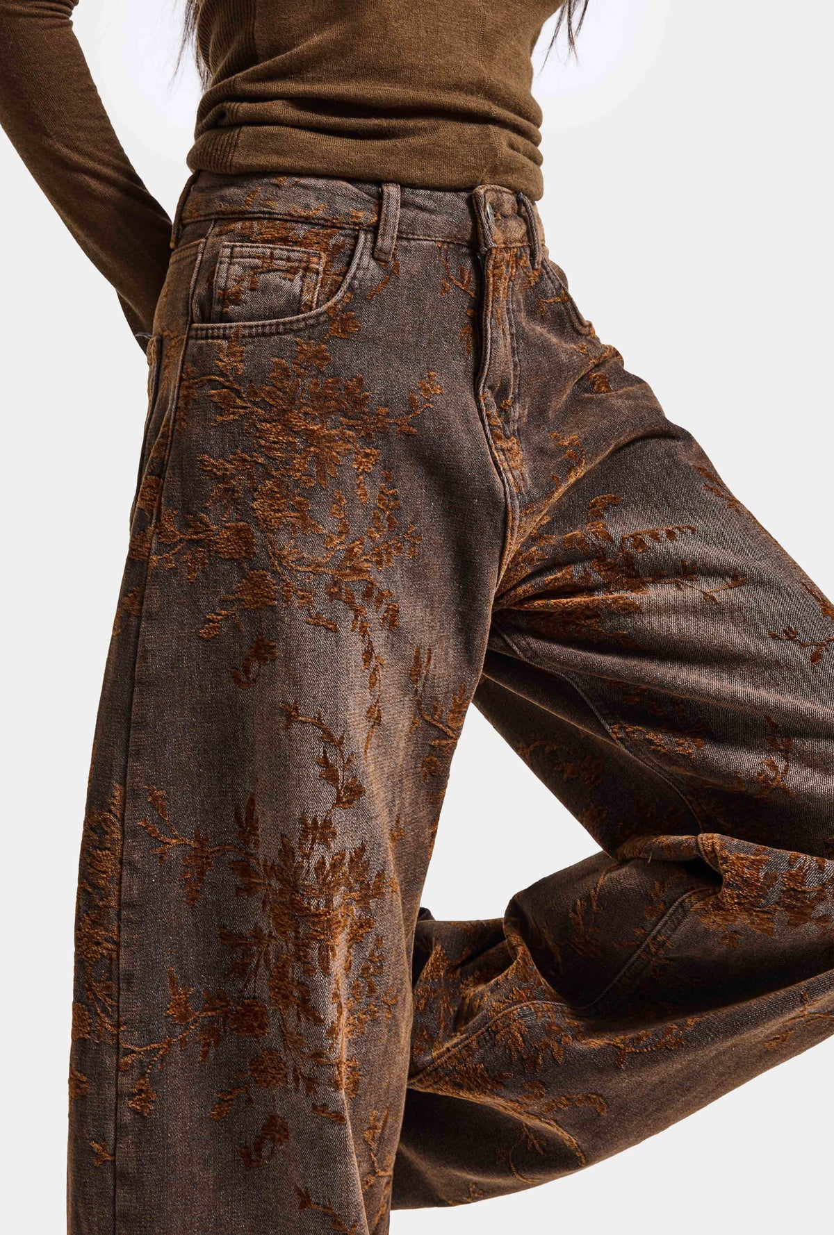 Kadın Ballon Barrel Özel Flok Kumaş Tasarım Denim Jean