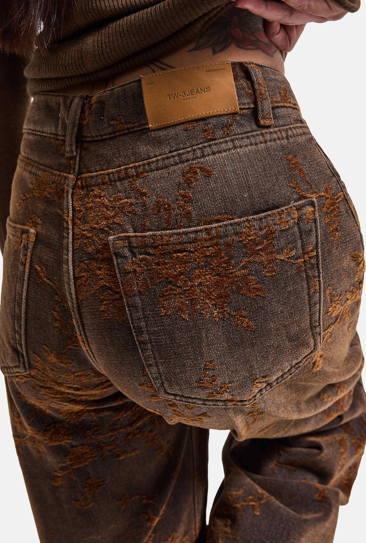 Kadın Ballon Barrel Özel Flok Kumaş Tasarım Denim Jean