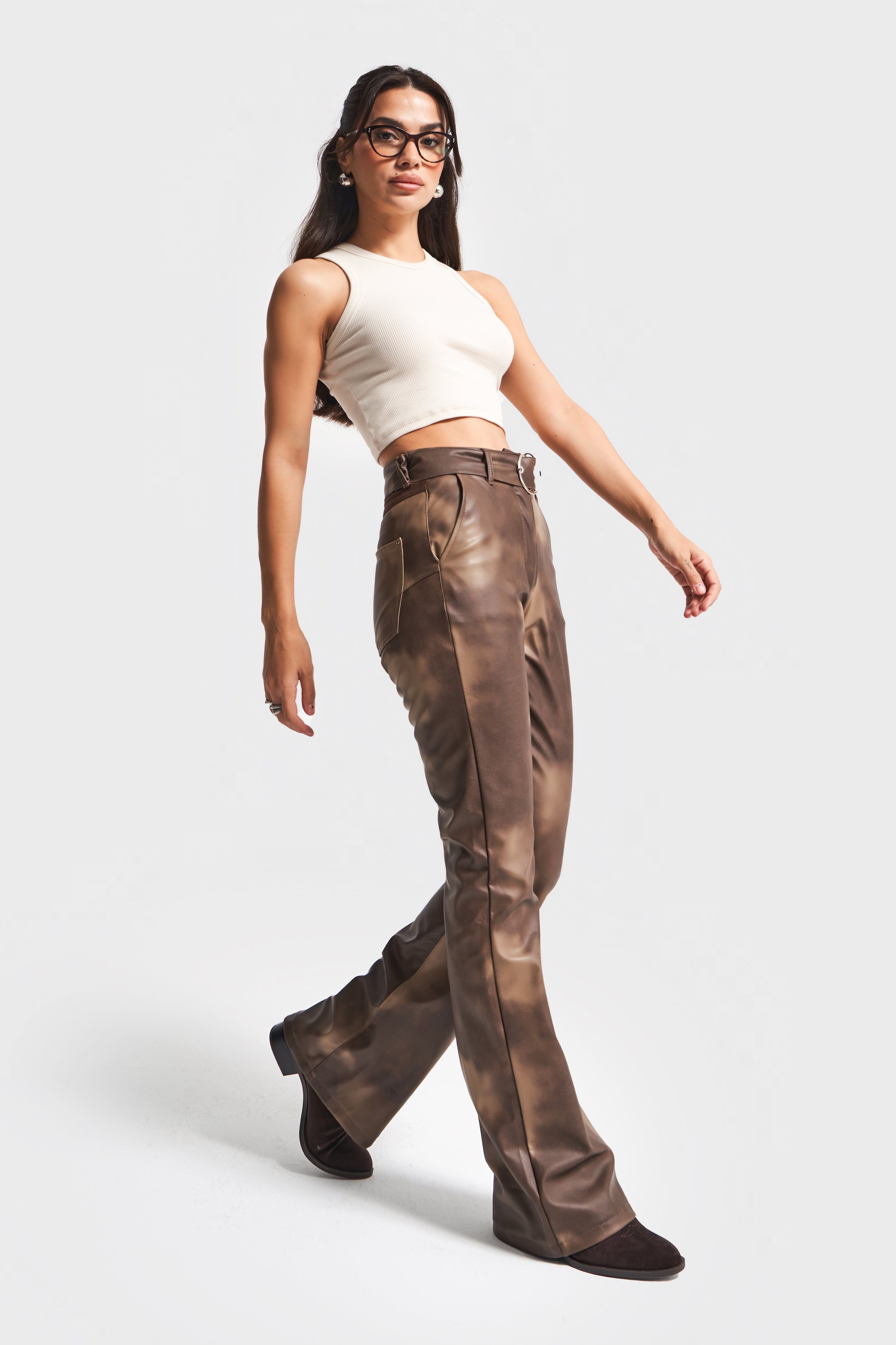 Kadın Batik Renk w5-16 Flare Fit Özel Renk Tasarım Deri Pantolon