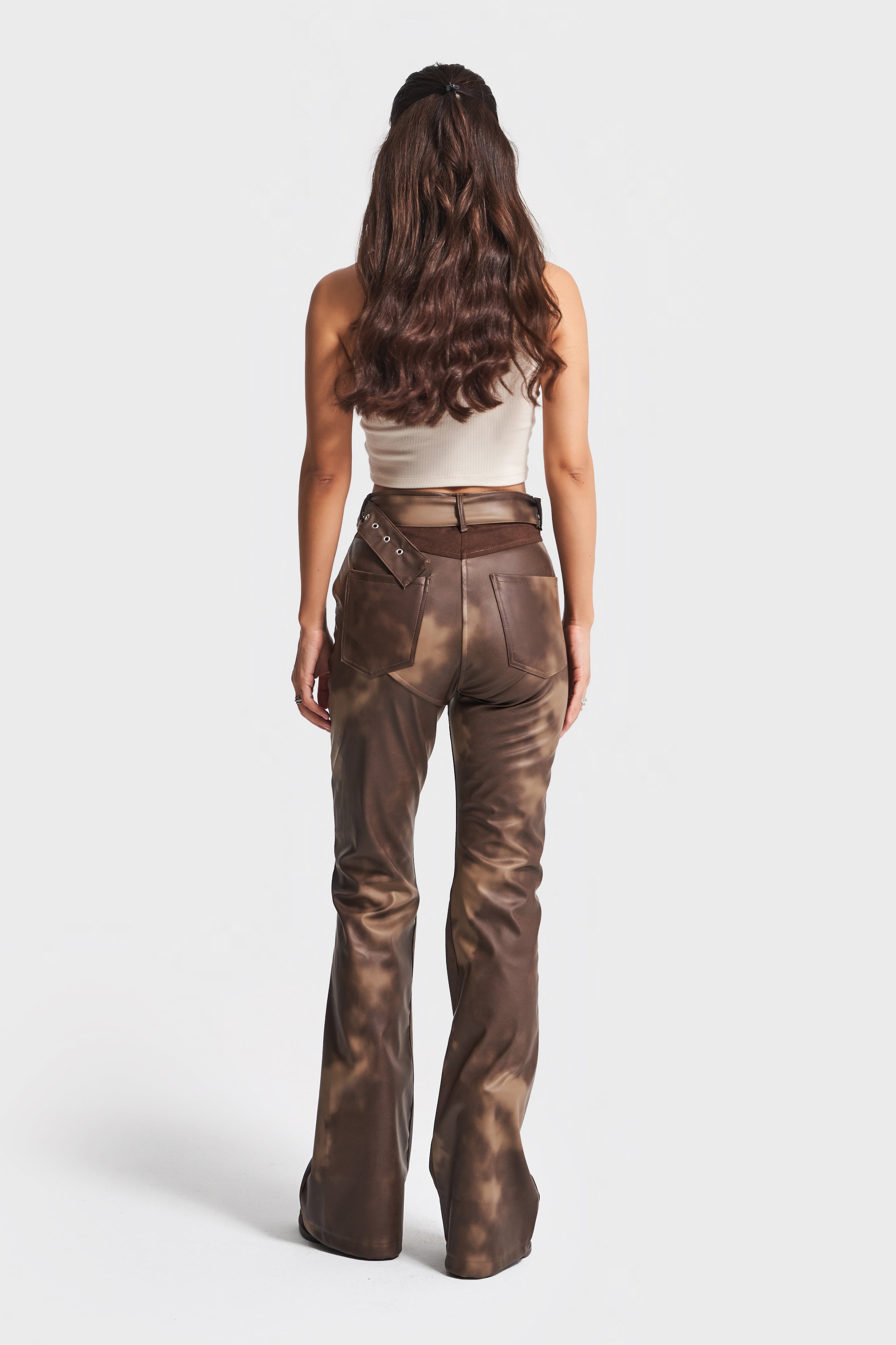 Kadın Batik Renk w5-16 Flare Fit Özel Renk Tasarım Deri Pantolon