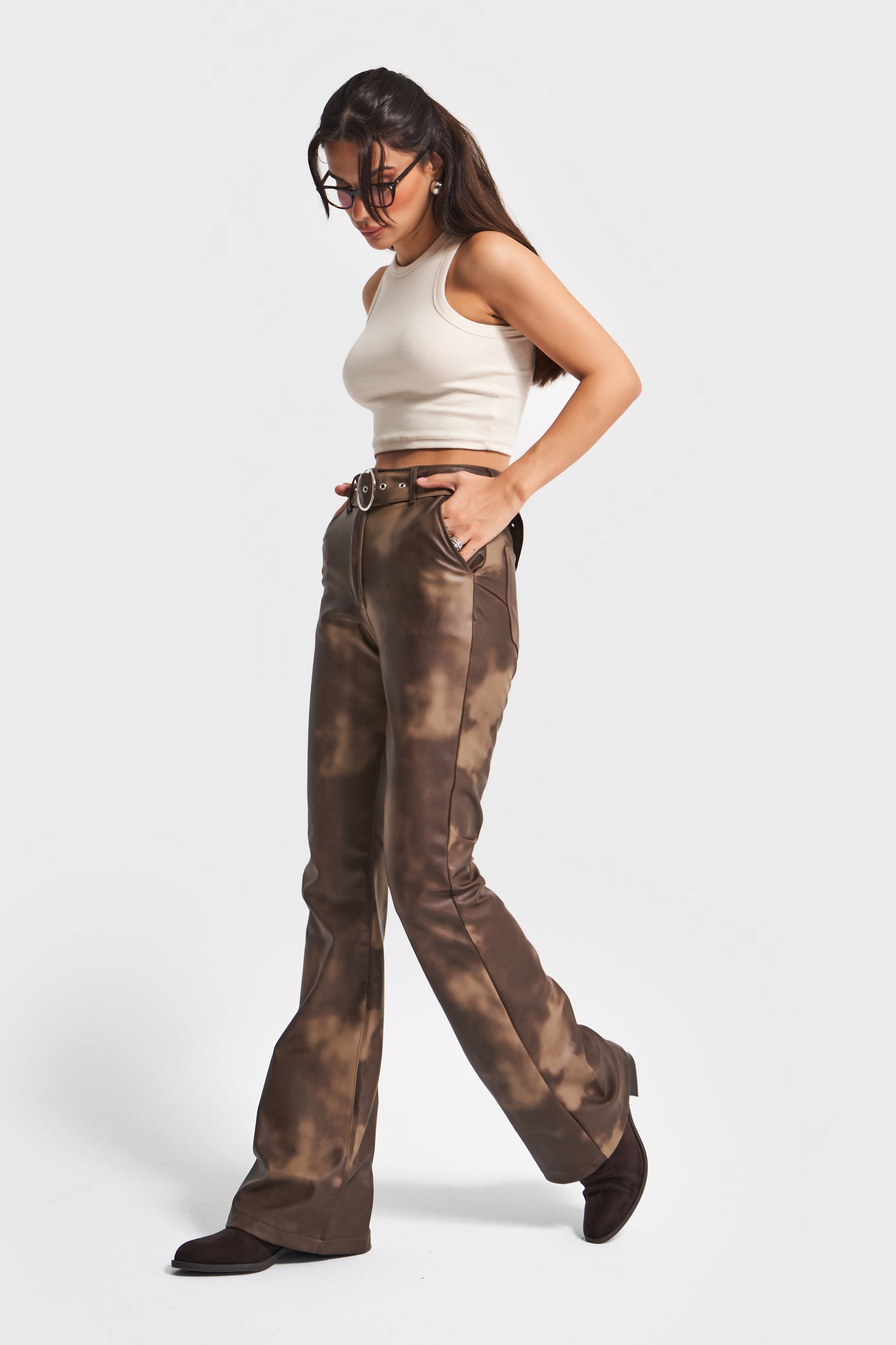 Kadın Batik Renk w5-16 Flare Fit Özel Renk Tasarım Deri Pantolon