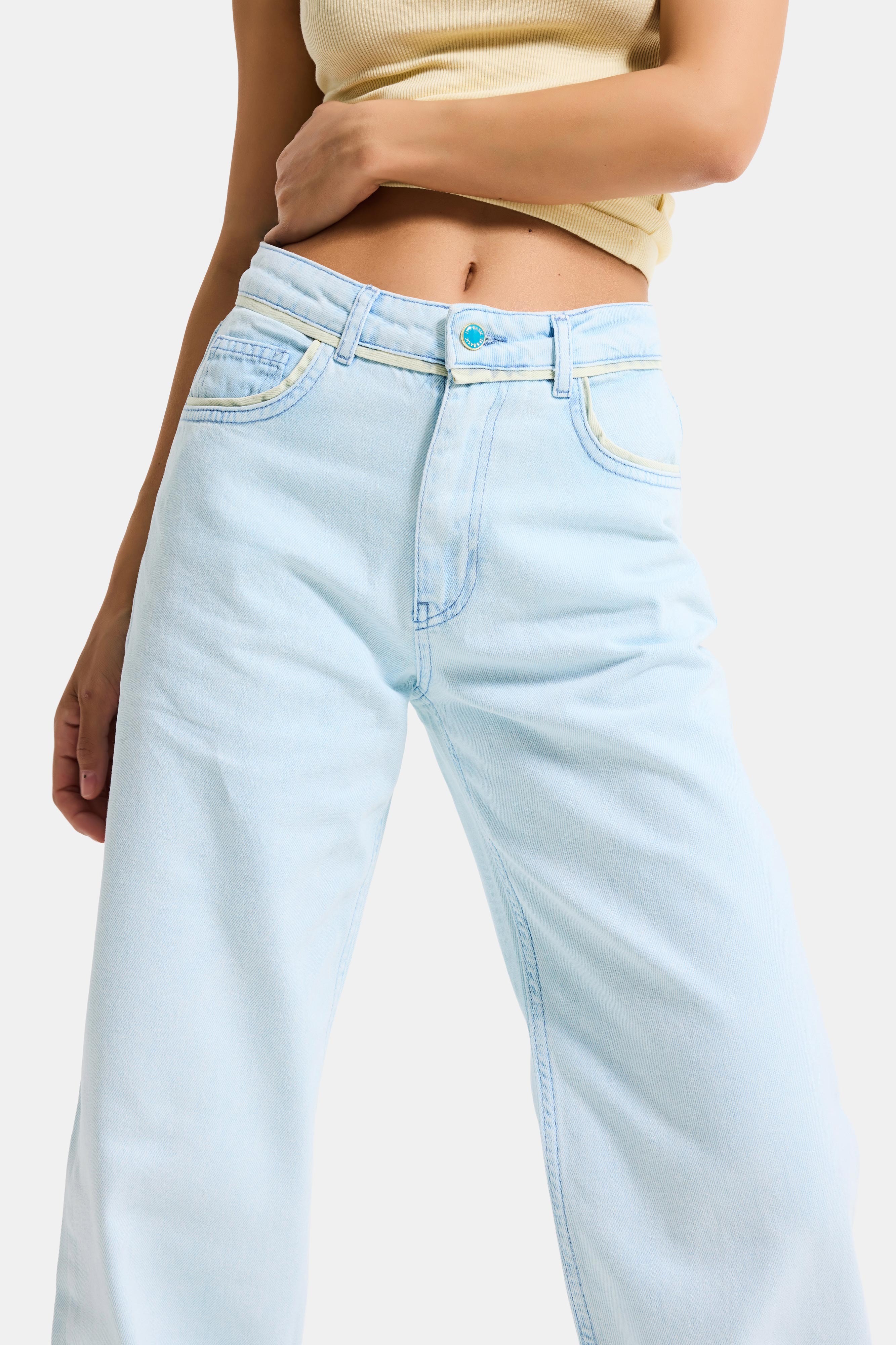 Kadın Bebe Mavi 3s6-103 Loose Fit Özel Yıkama Tasarım Denim Jean