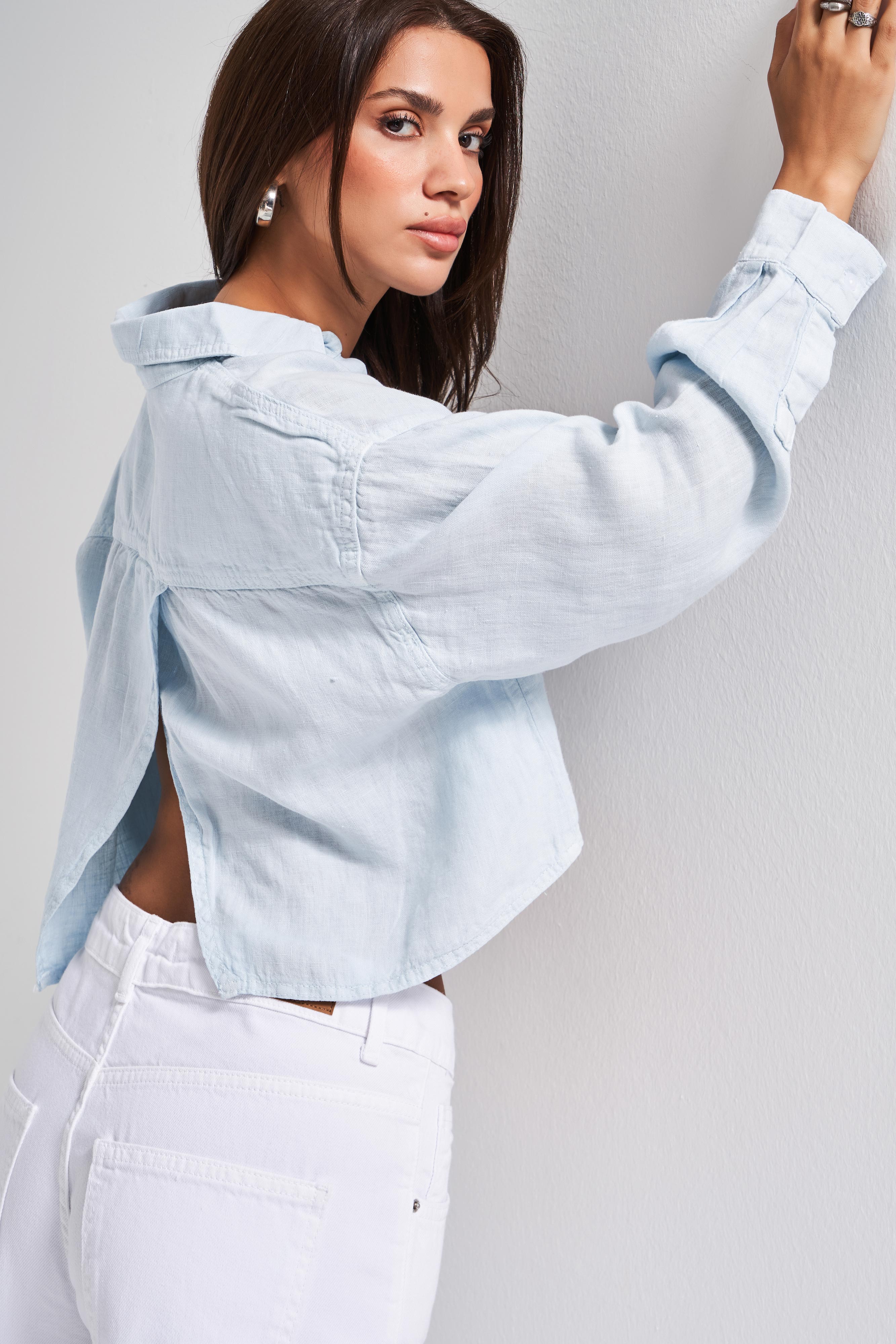 Kadın Bebe Mavisi 6s5-103 Organik Keten Kumaş Crop Fit Oversize Gömlek