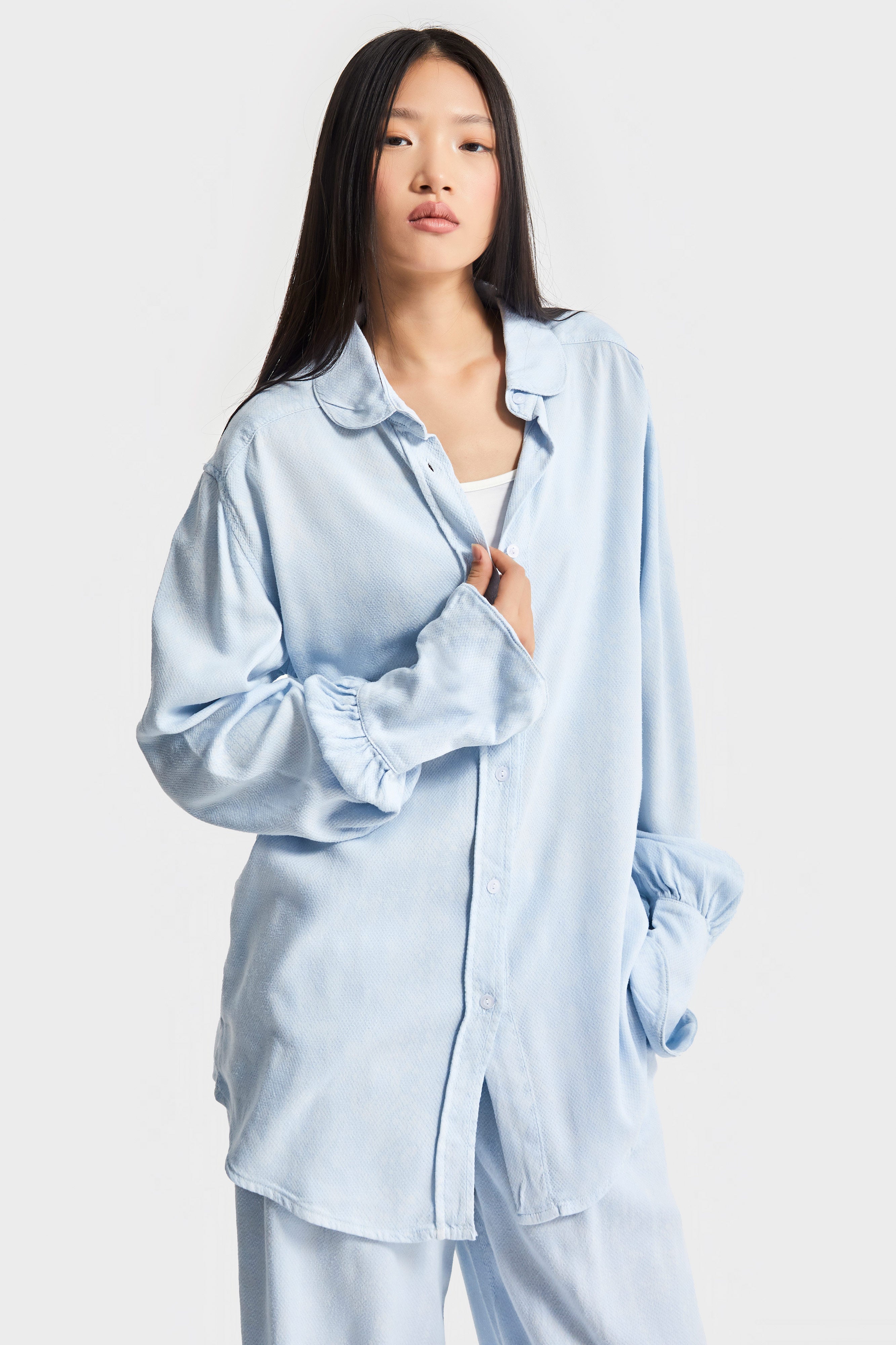 Kadın Bebe Mavisi 6s5-103 Organik Keten Kumaş Oversize Bol Kesim Gömlek