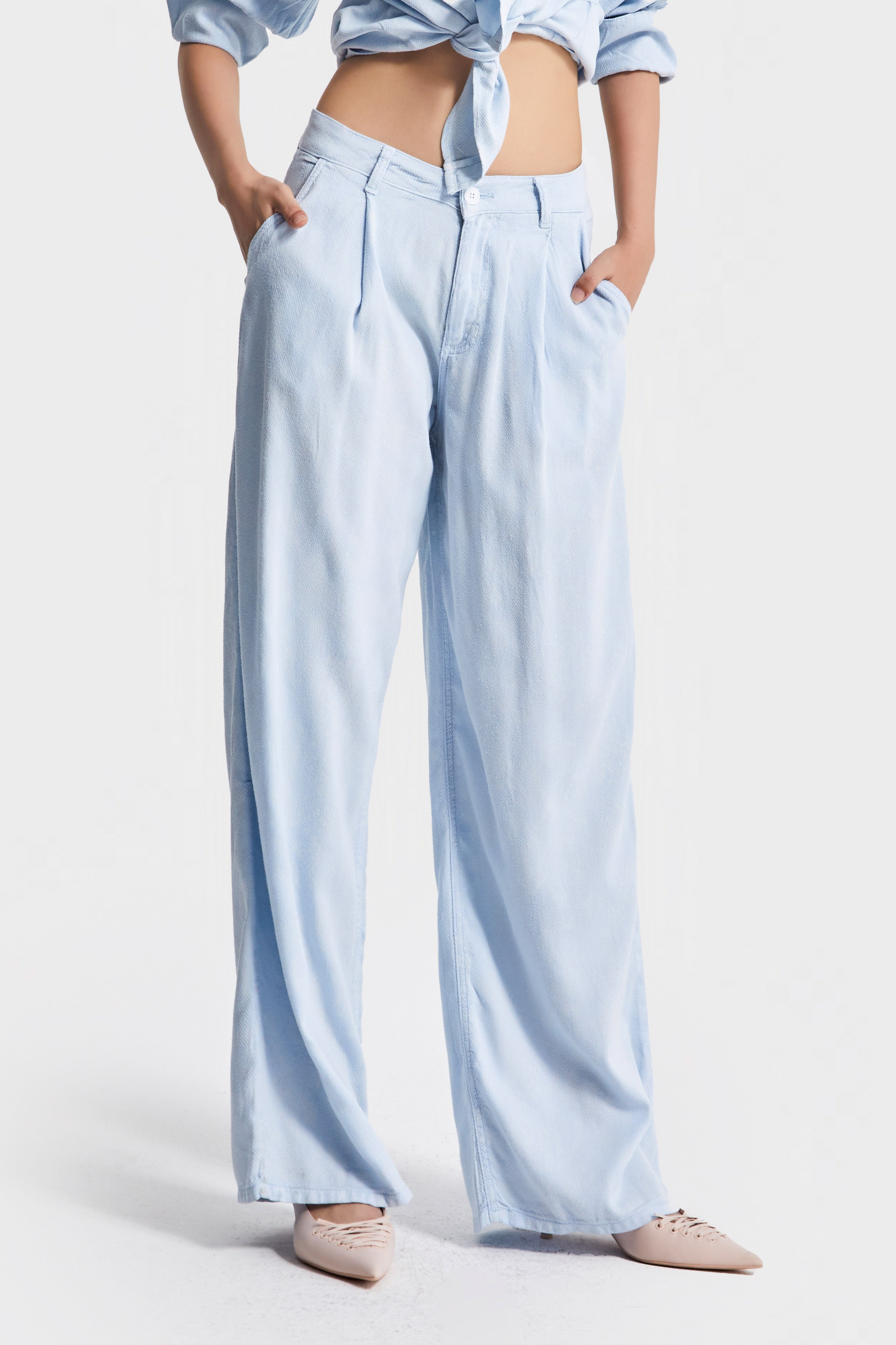Kadın Bebe Mavisi Renk 6s5-103 Süper Palazzo Fit Organik Keten Kumaş Pantolon