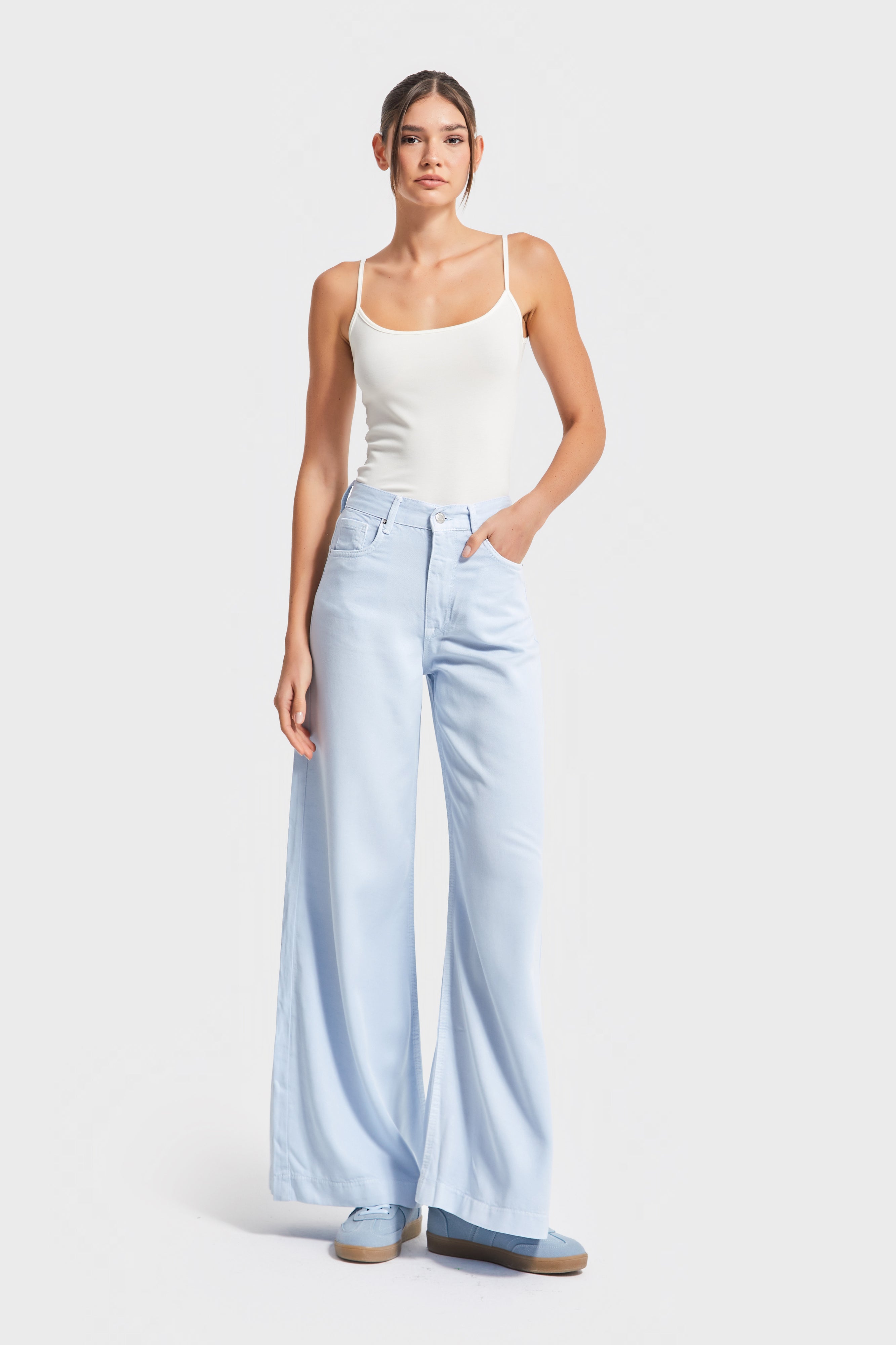 Kadın Bebe Mavisi Renk 6s5-103 Wide Leg Flare Fit Organik Pamuk Viskon Kumaş Pantolon