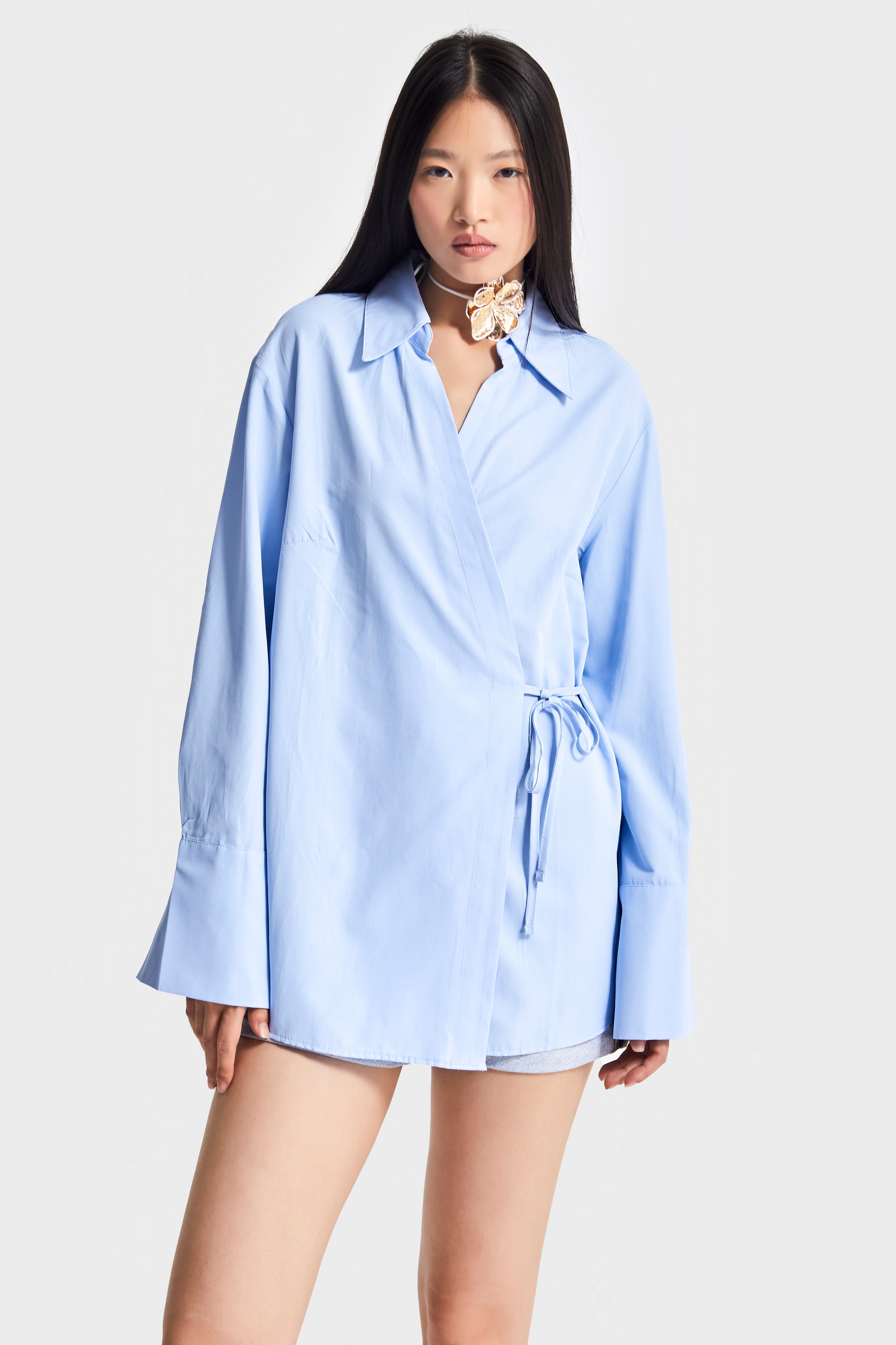 Kadın Bebe Mavisi Renk s5-103 Yandan Bağlamalı Maxi Uzun Boy Oversize %100 Pamuk Gömlek