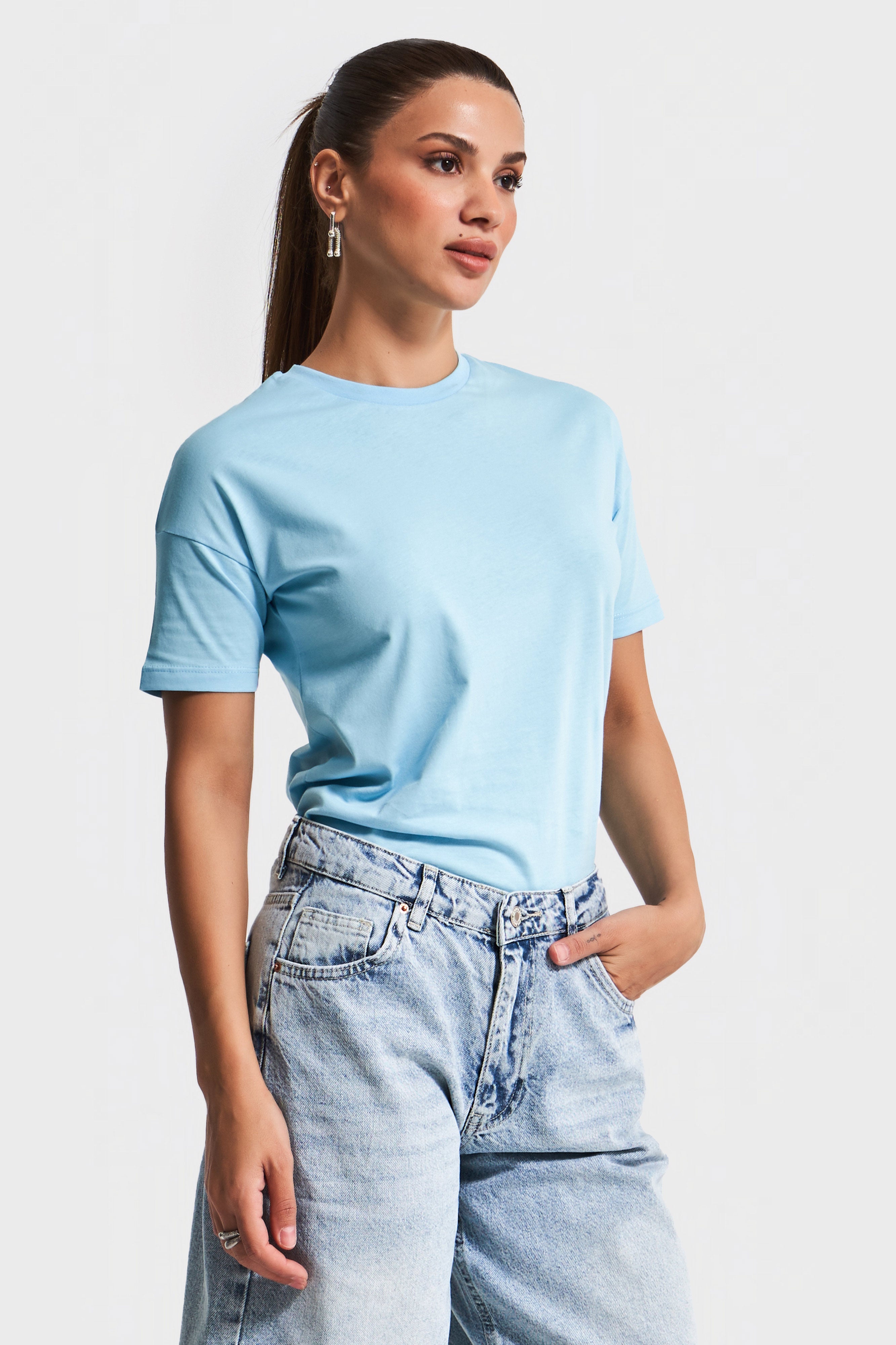Kadın Bebe Mavisi Renk S5-3 Bisiklet Yaka Basic T-Shirt