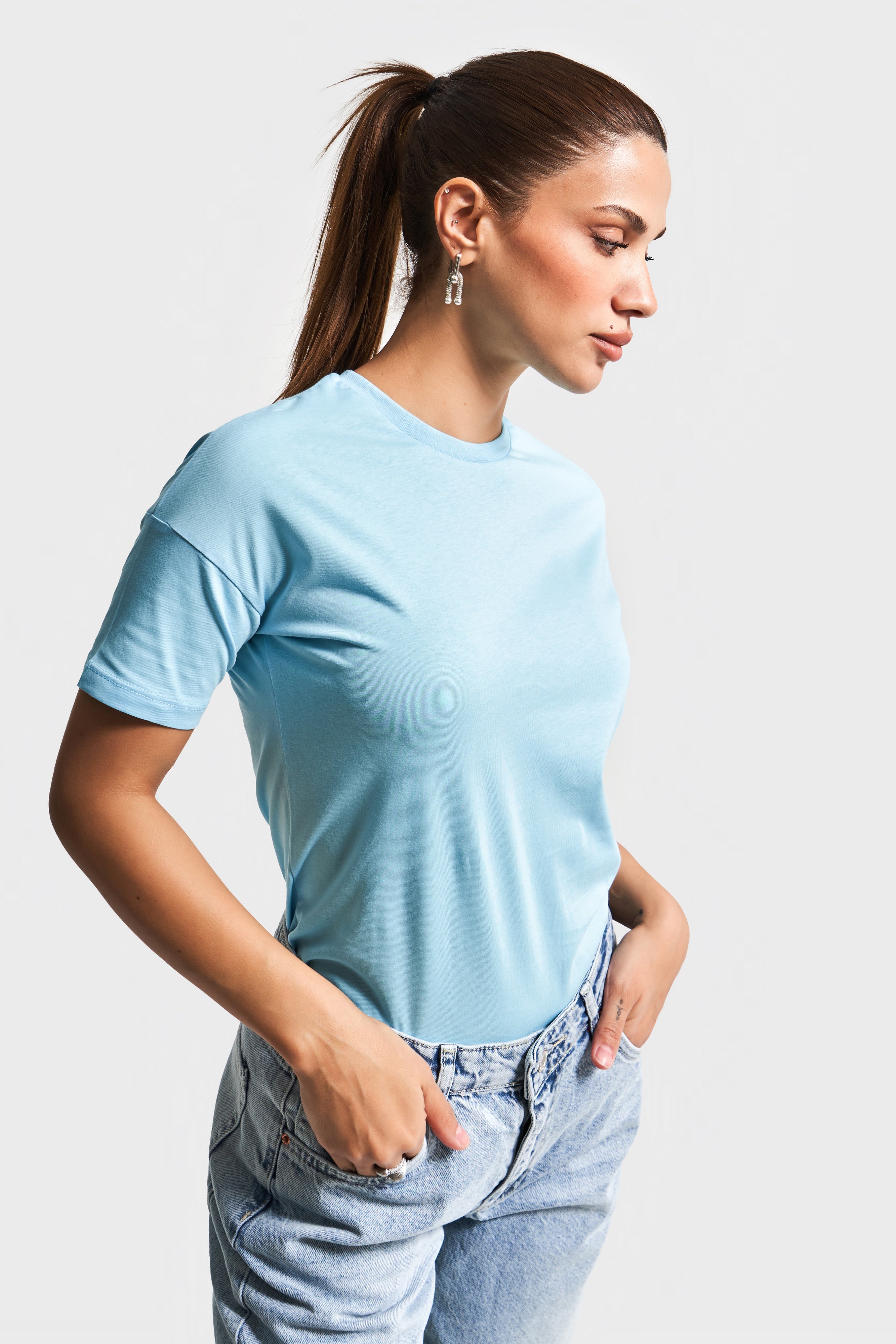 Kadın Bebe Mavisi Renk S5-3 Bisiklet Yaka Basic T-Shirt