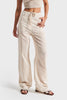 Women's Beige Striped Color s5-101 Loose Fit Linen Fabric Pants with Waist Tie
