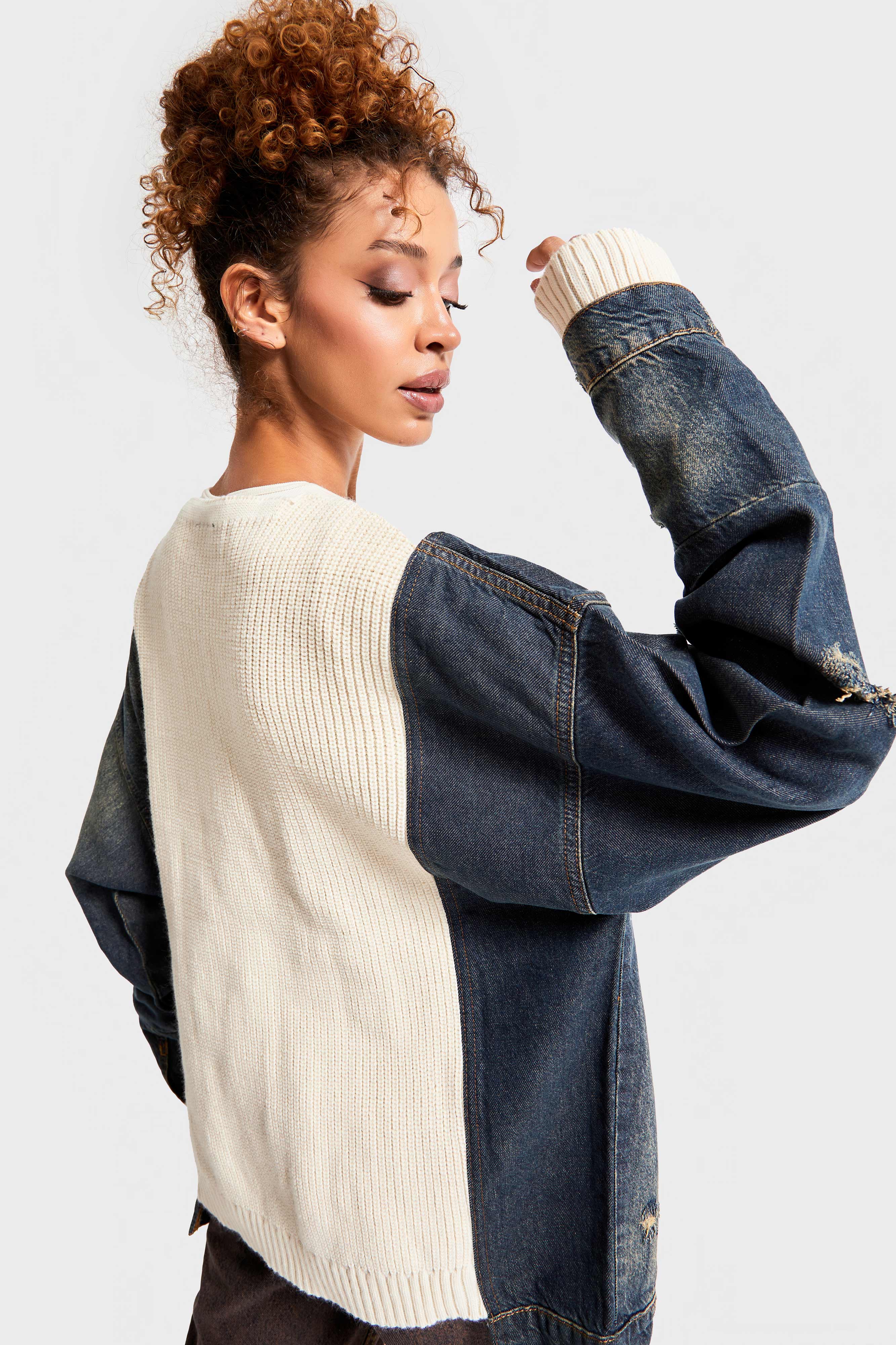 Women's Beige Denim Color Embroidered Letter Oversize Design Cardigan