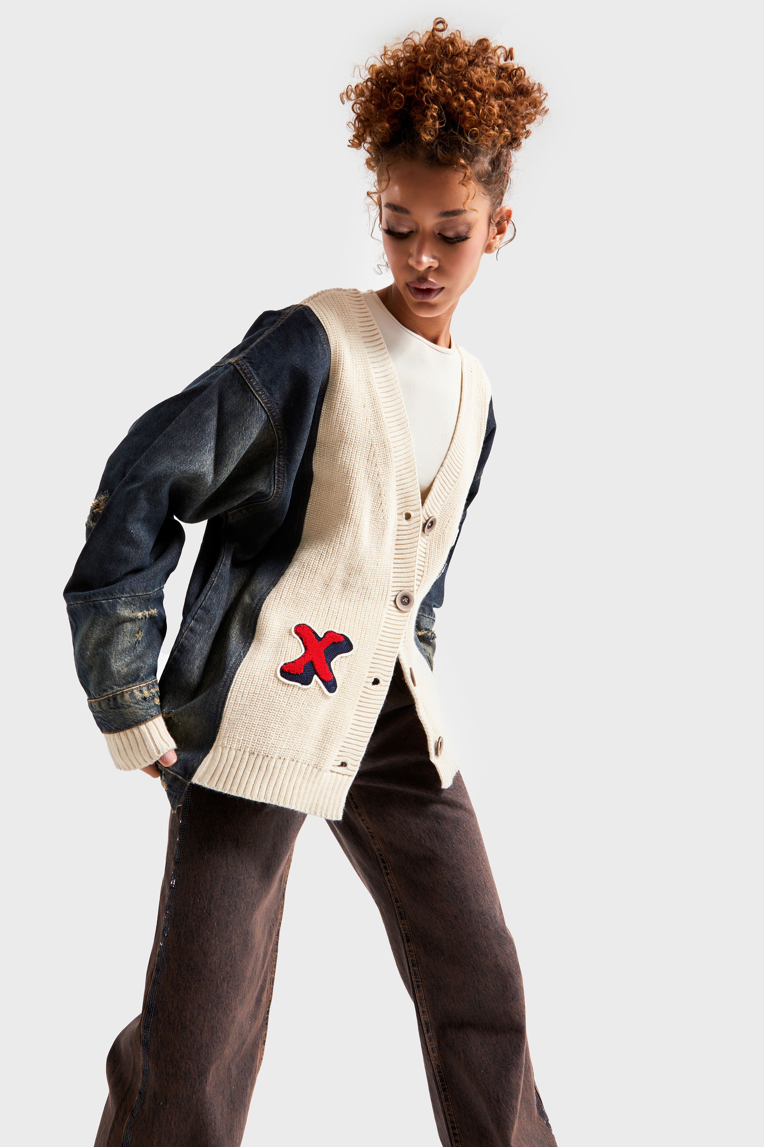 Women's Beige Denim Color Embroidered Letter Oversize Design Cardigan