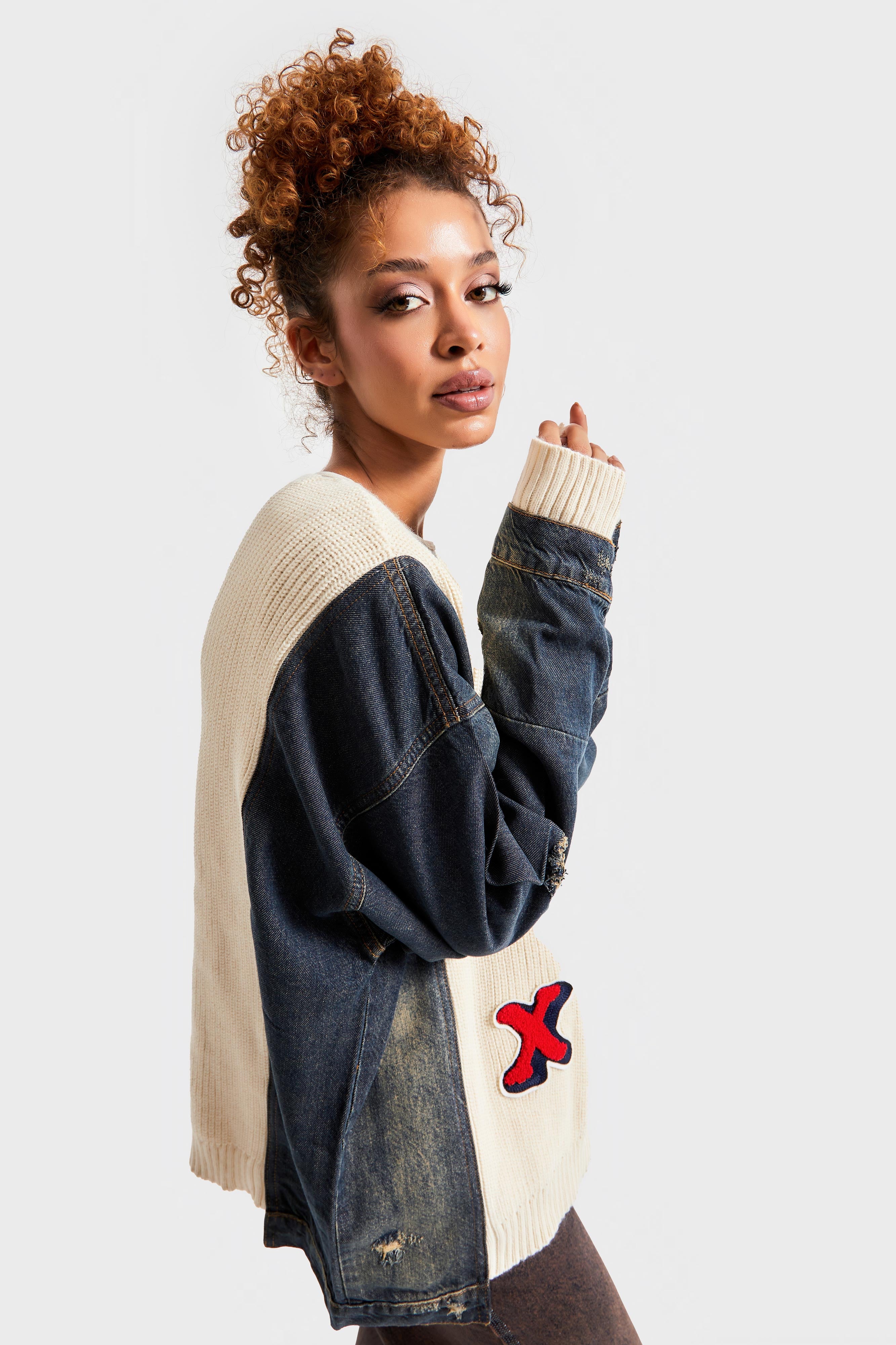 Women's Beige Denim Color Embroidered Letter Oversize Design Cardigan