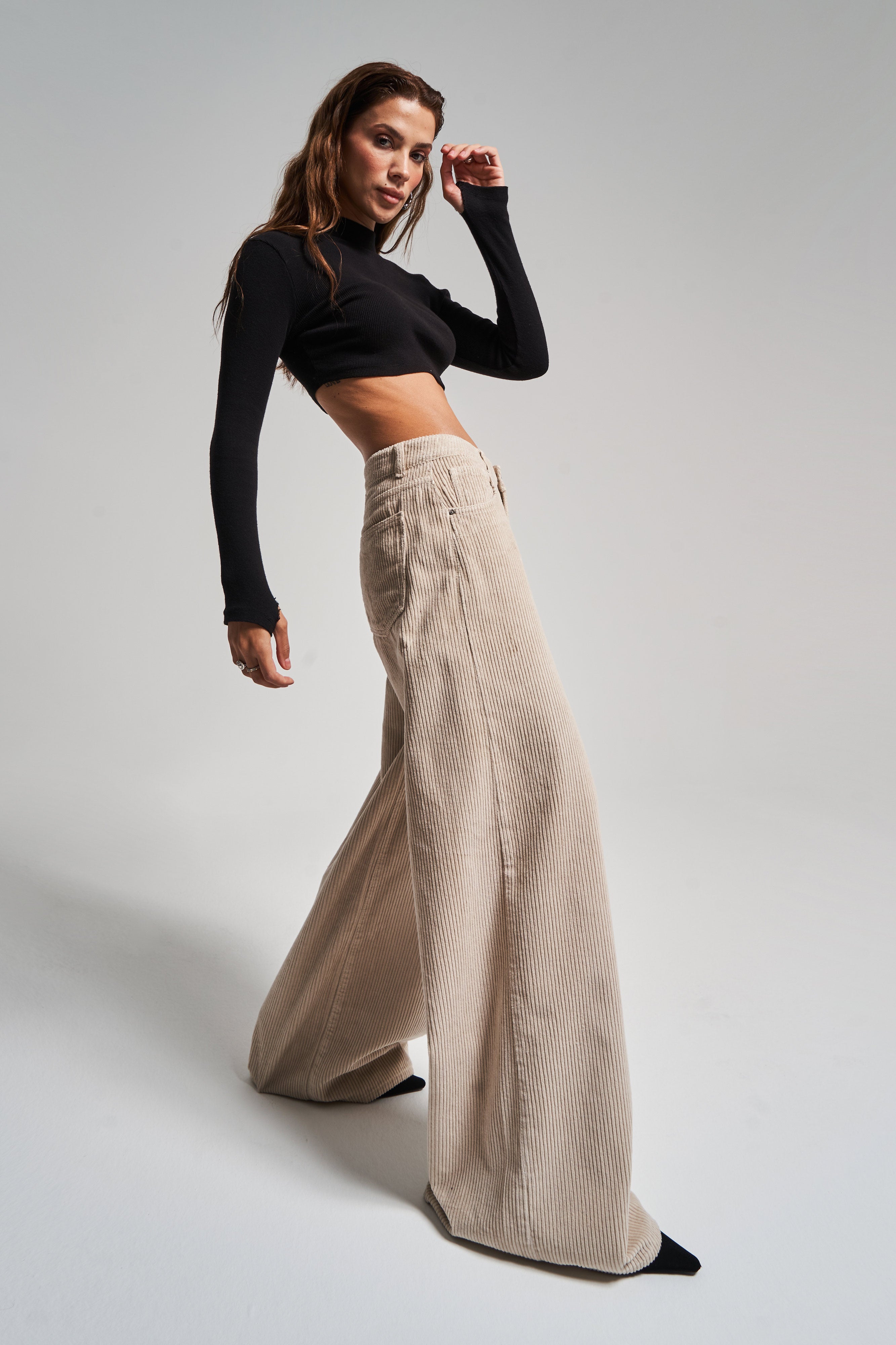 Women's Beige Color 29W457 Thick Corduroy Fabric Palazzo Fit Trousers
