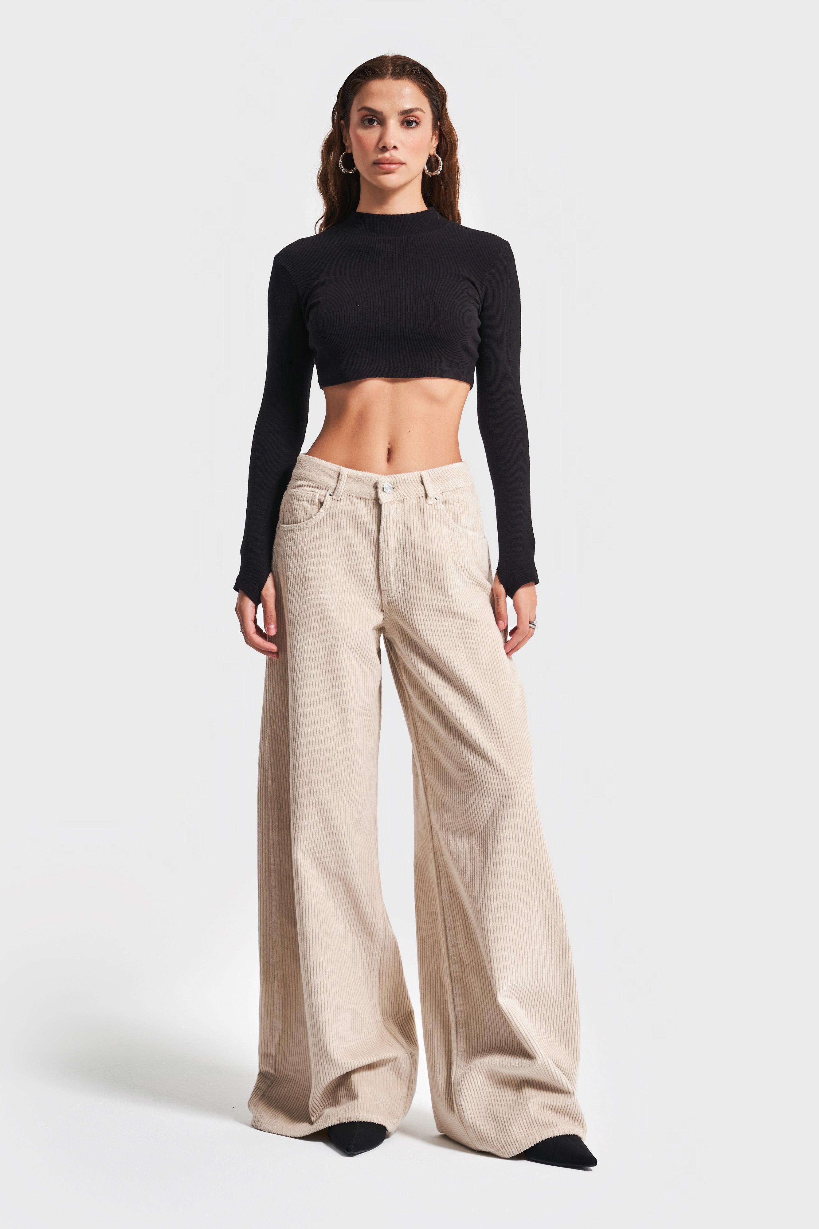 Women's Beige Color 29W457 Thick Corduroy Fabric Palazzo Fit Trousers