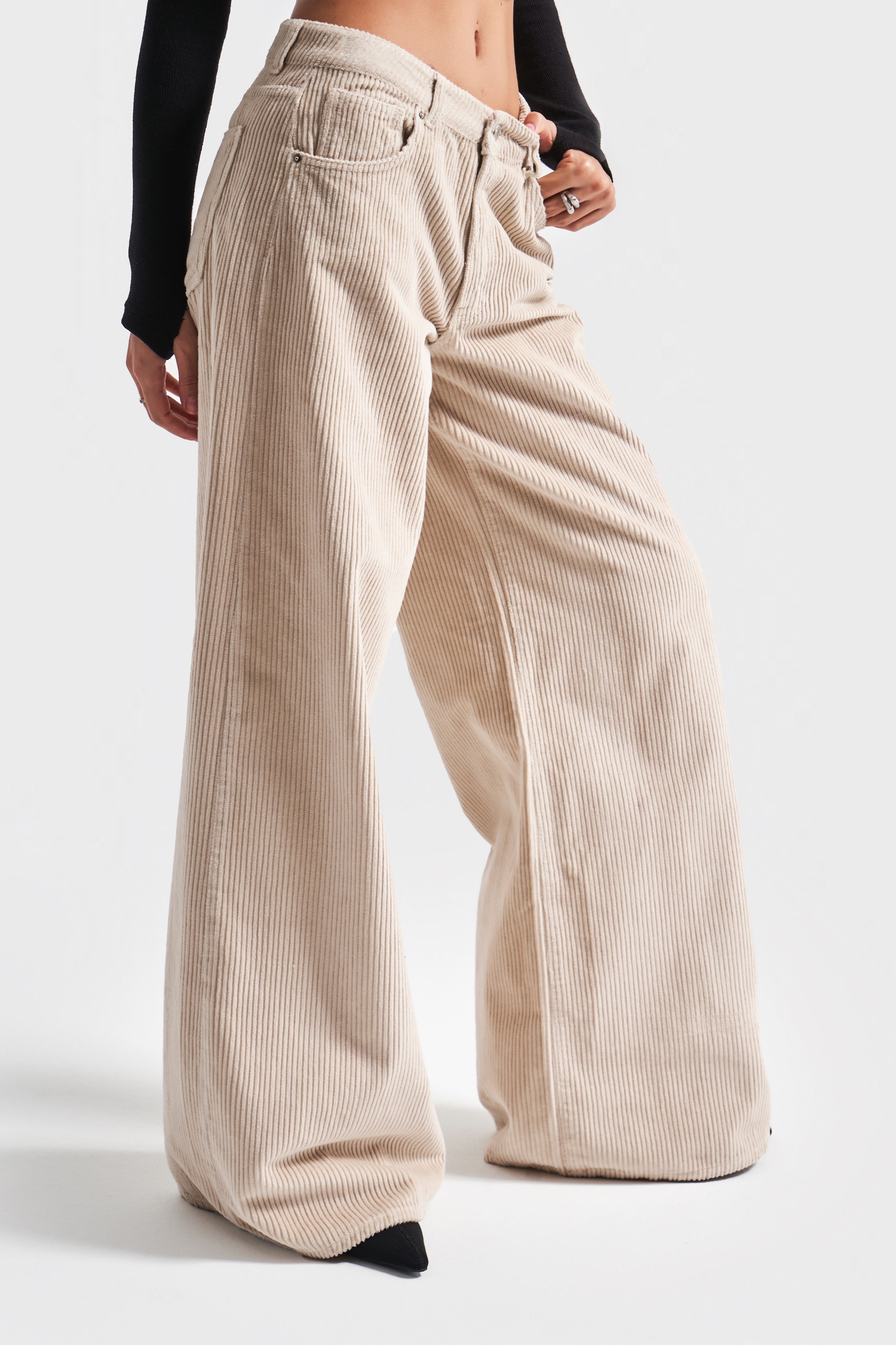 Women's Beige Color 29W457 Thick Corduroy Fabric Palazzo Fit Trousers