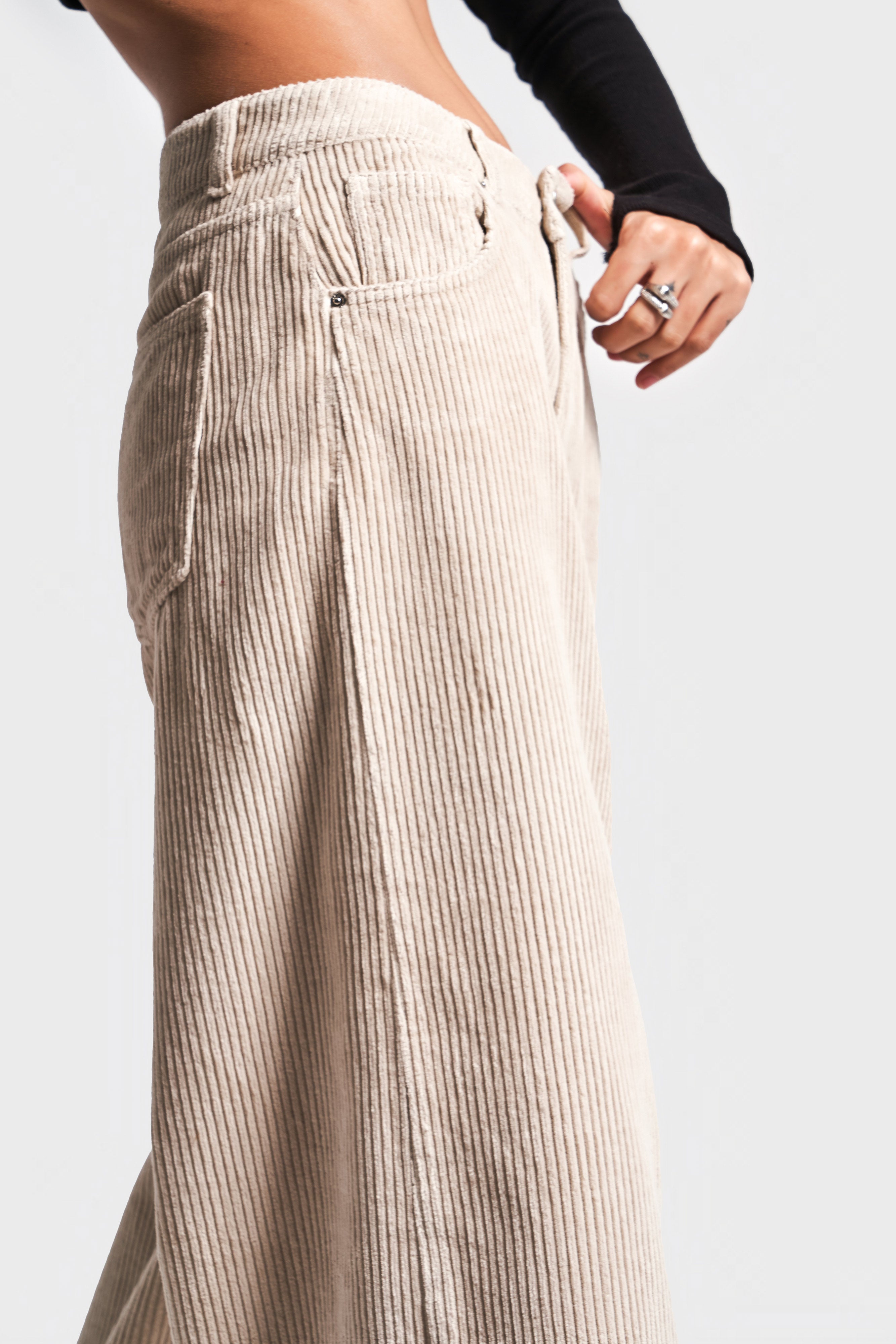 Women's Beige Color 29W457 Thick Corduroy Fabric Palazzo Fit Trousers