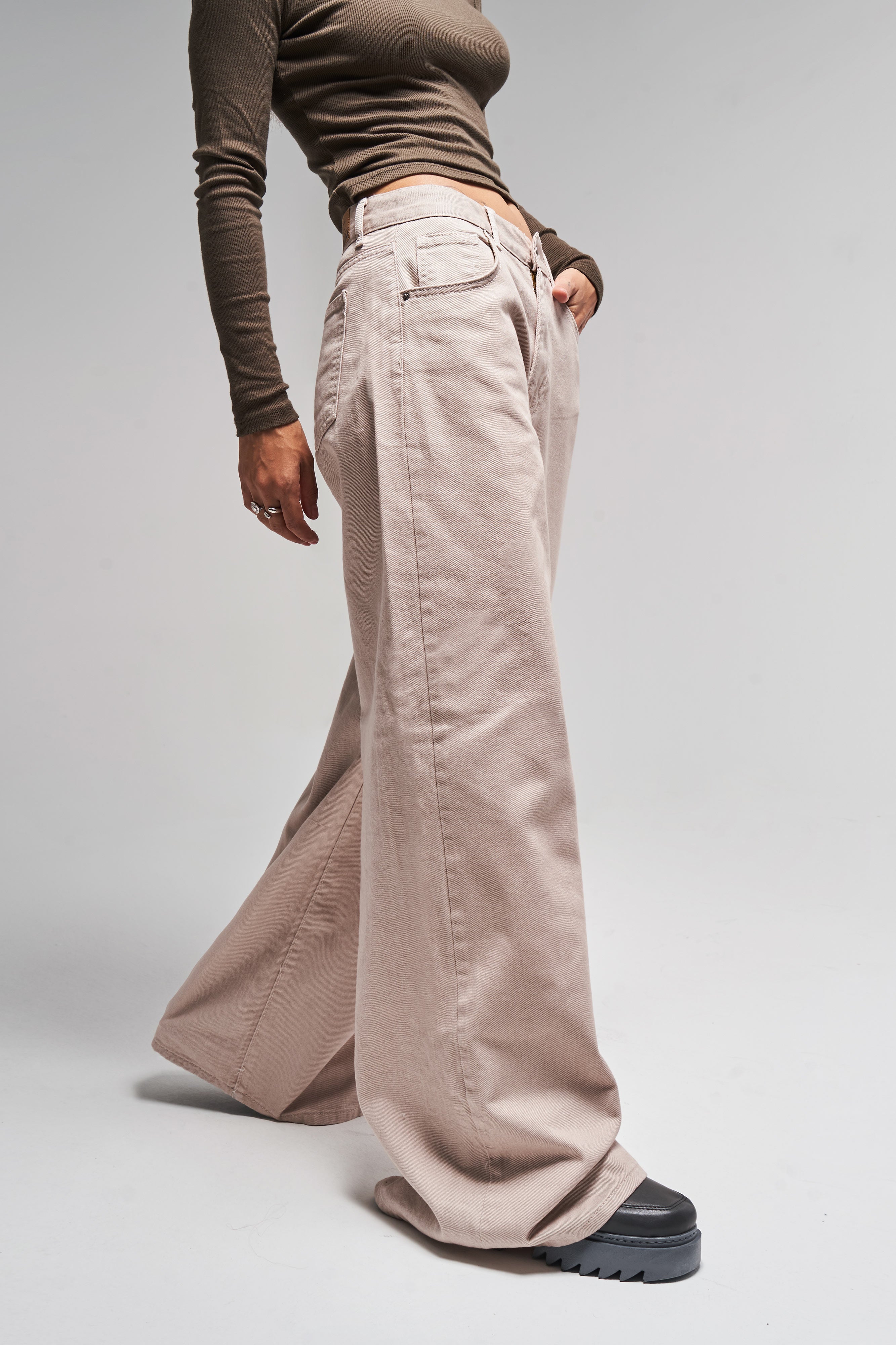 Women's Beige Color 7w457 Palazzo Fit Loose Cut Denim