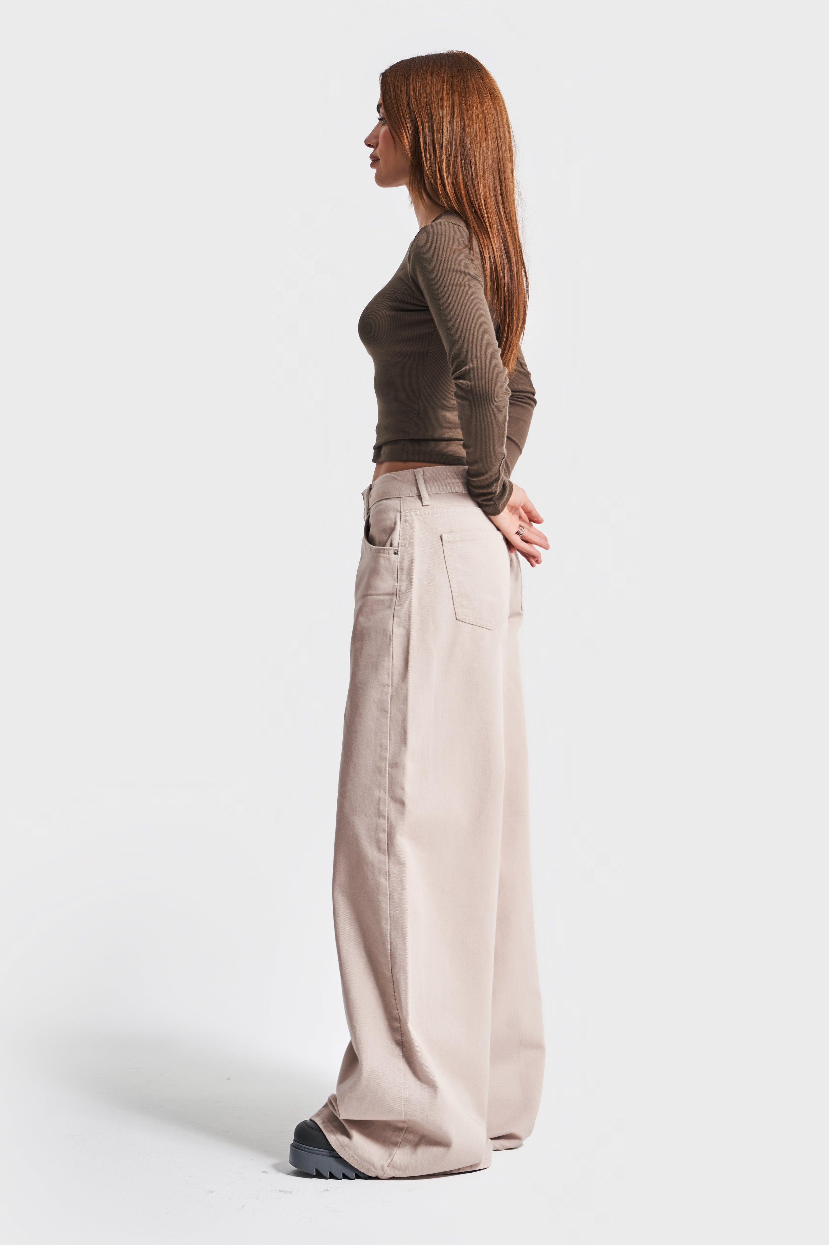 Women's Beige Color 7w457 Palazzo Fit Loose Cut Denim