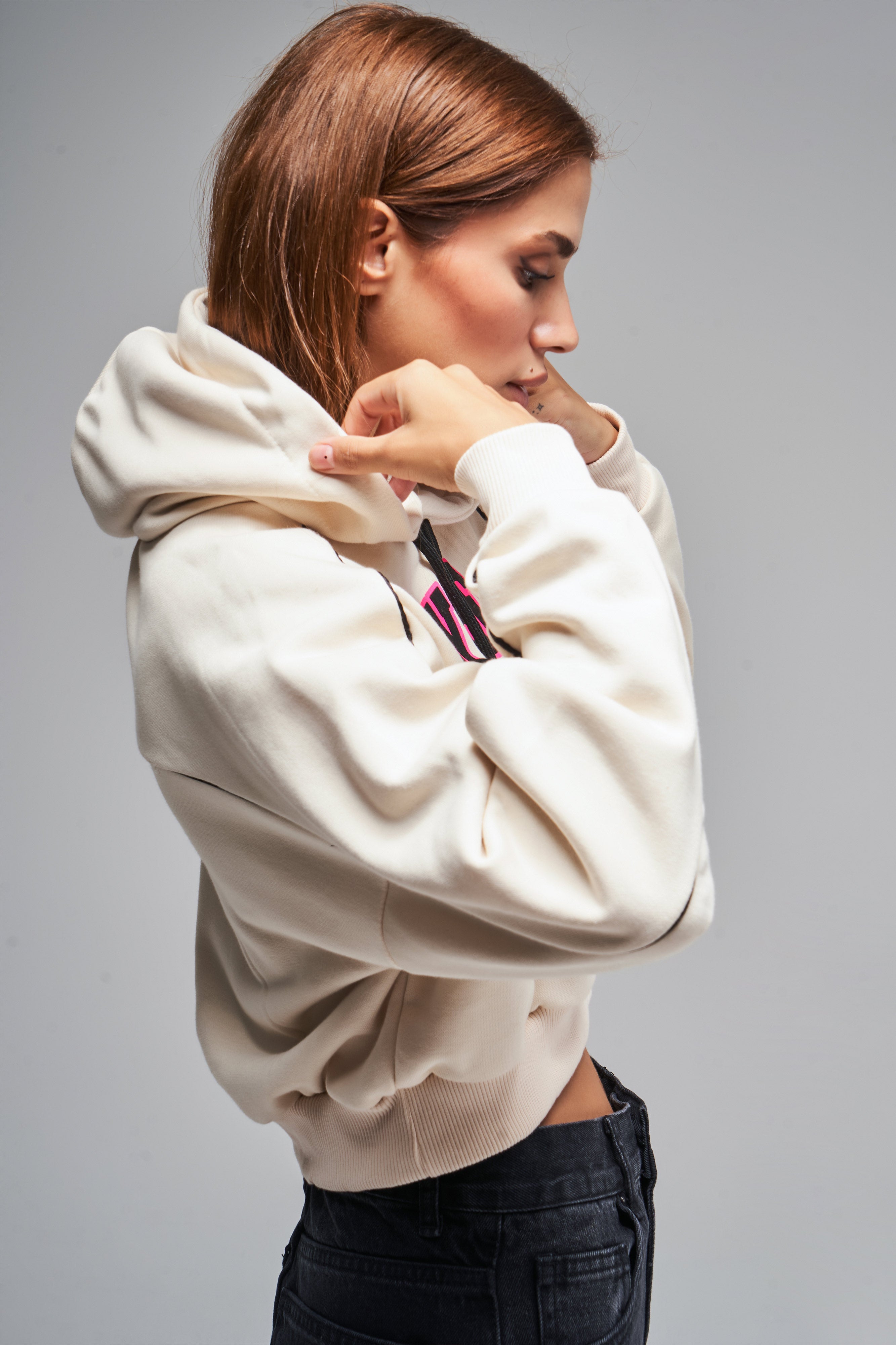 Women's Beige Color Printed Oversize Hooded Sweatshirt