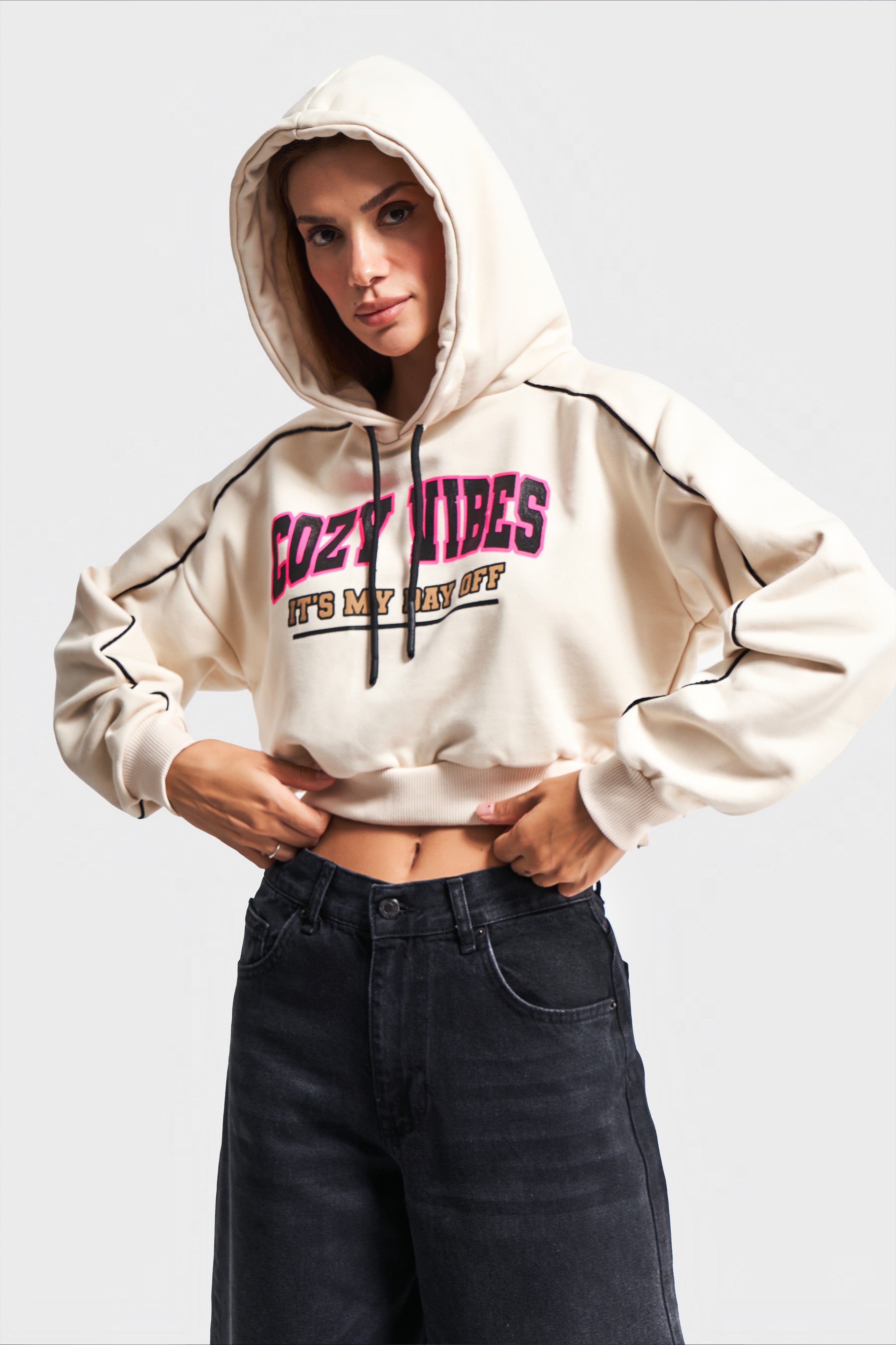 Women's Beige Color Printed Oversize Hooded Sweatshirt