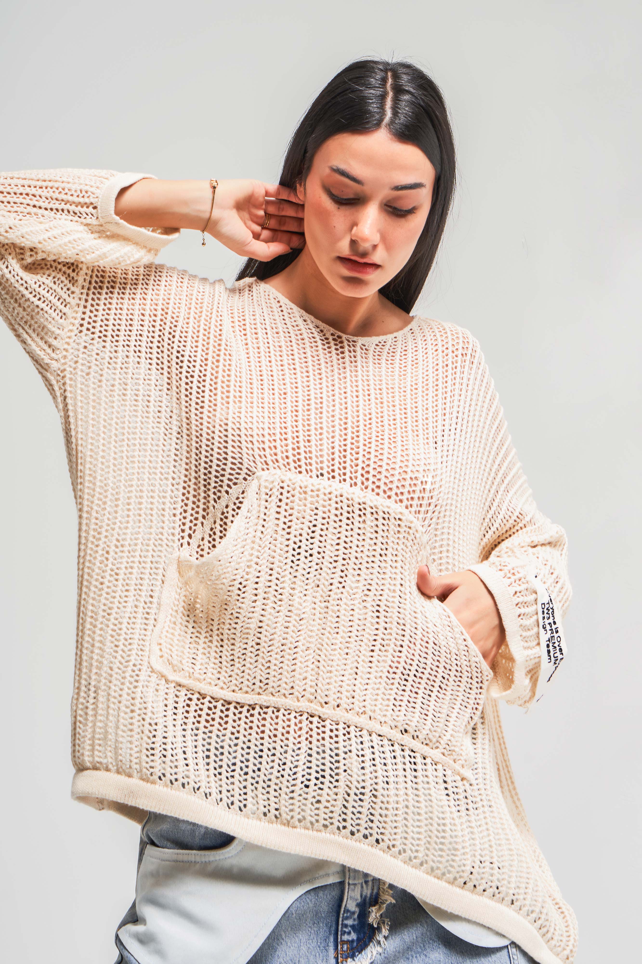 Women's Beige Color Loose Cut Thin Hole Openwork Hooded Design Sweater
