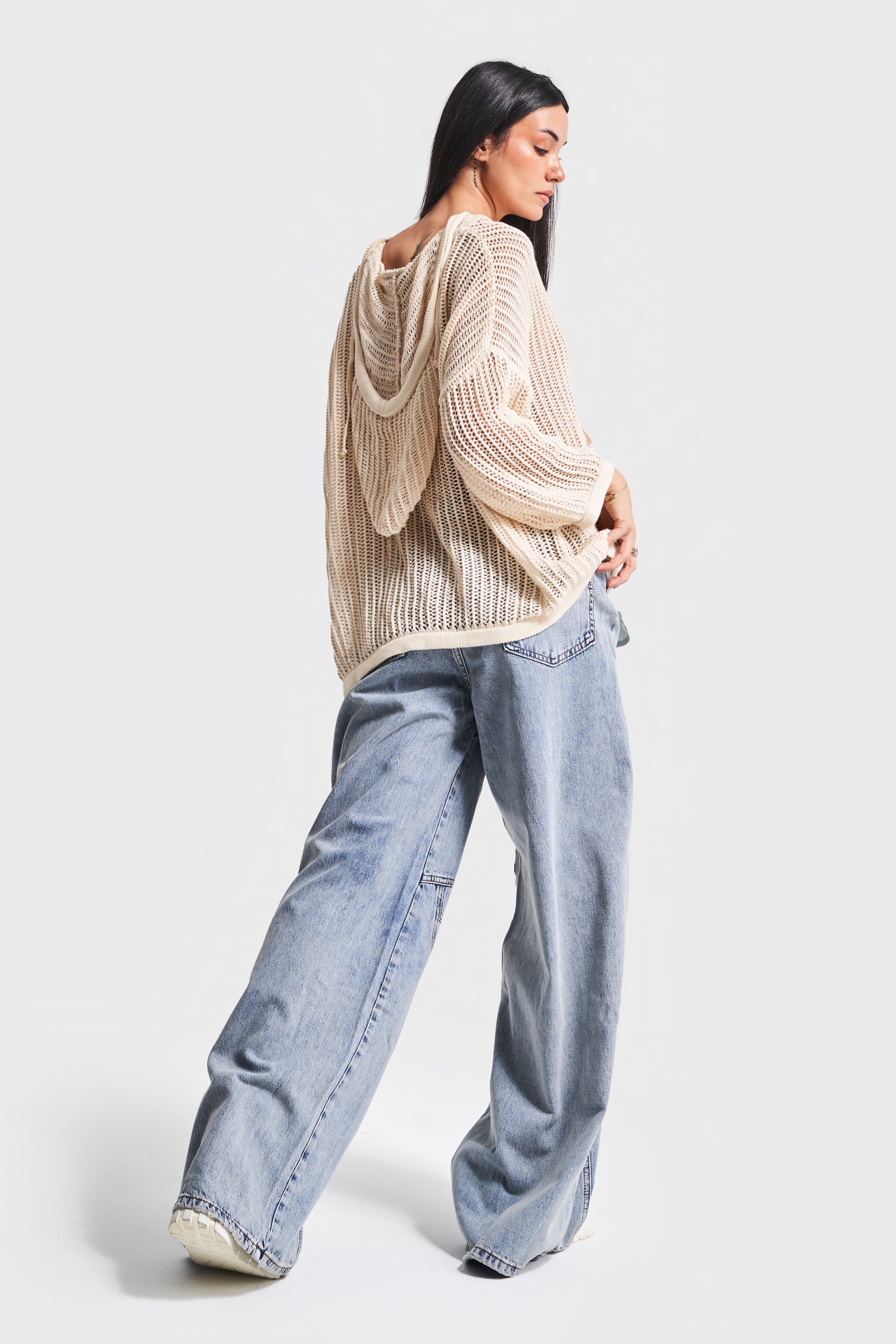 Women's Beige Color Loose Cut Thin Hole Openwork Hooded Design Sweater