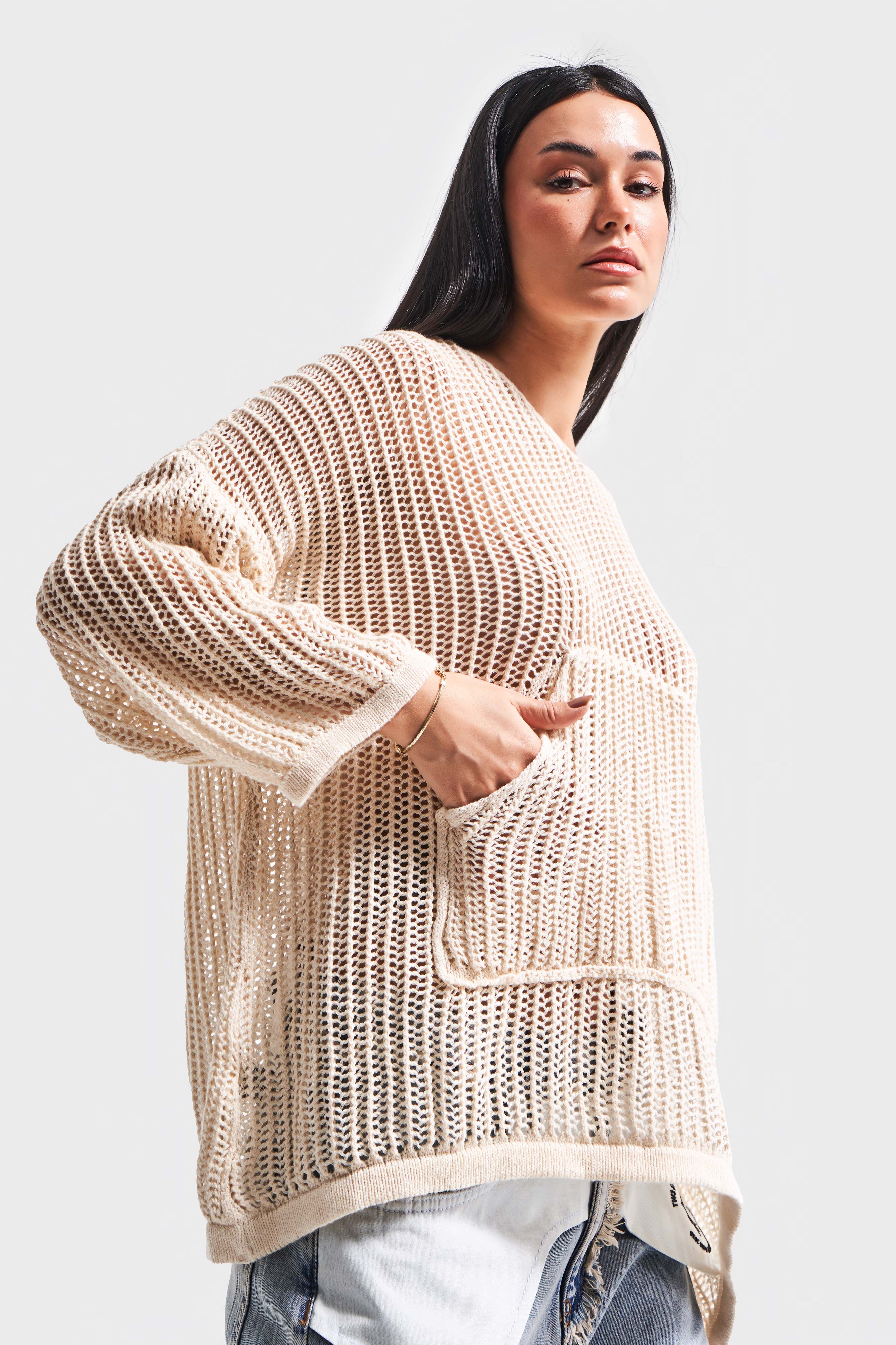 Women's Beige Color Loose Cut Thin Hole Openwork Hooded Design Sweater
