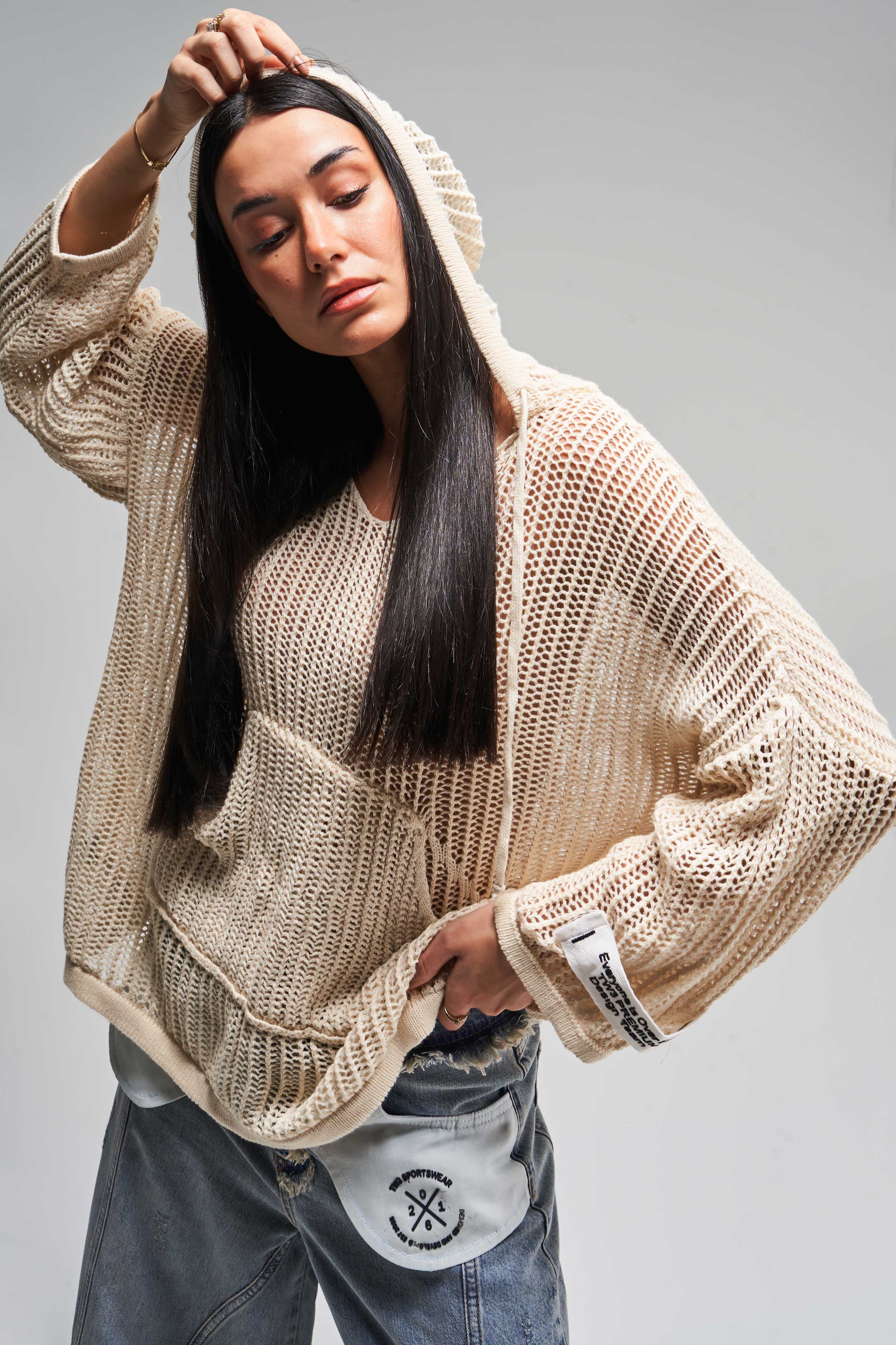 Women's Beige Color Loose Cut Thin Hole Openwork Hooded Design Sweater
