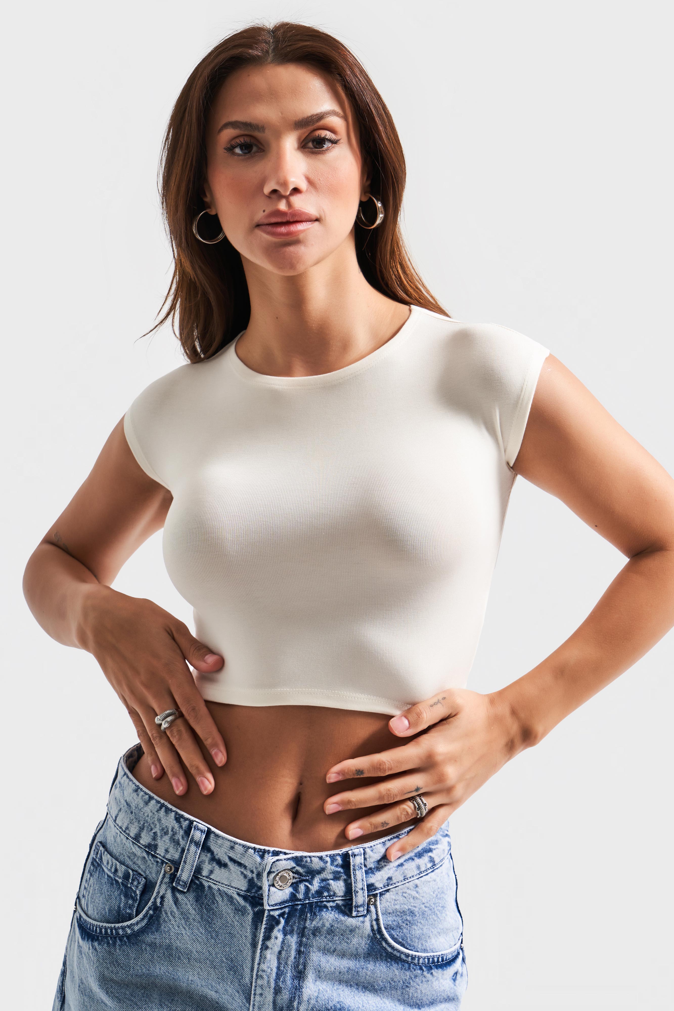 Kadın Bej Renk S5-101 Süper Esnek Kumaş Crop Fit Top