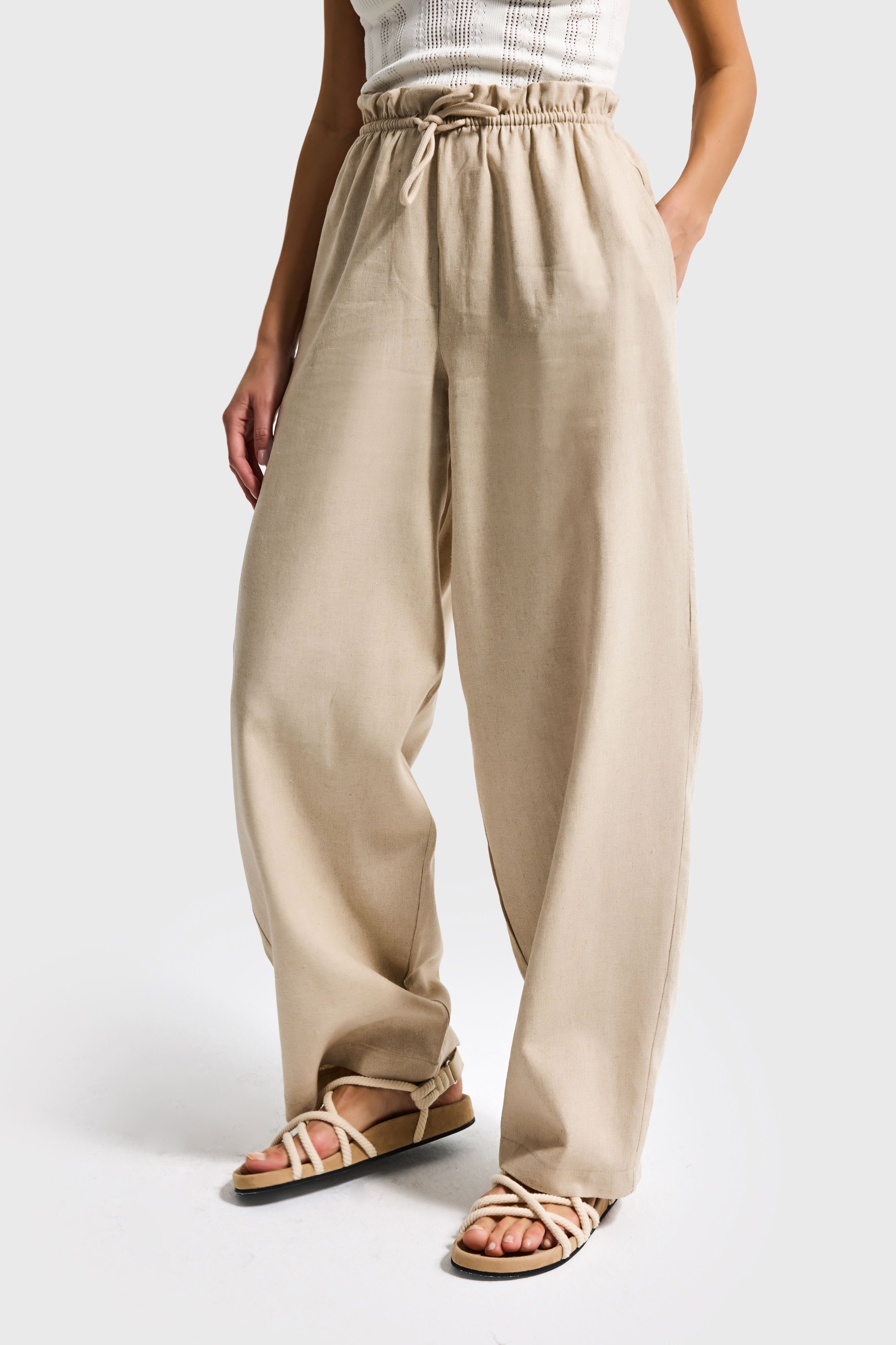 Kadın Bej Renk s6-57 Rahat Kesim Keten Kumaş Belden Lastikli Pantolon