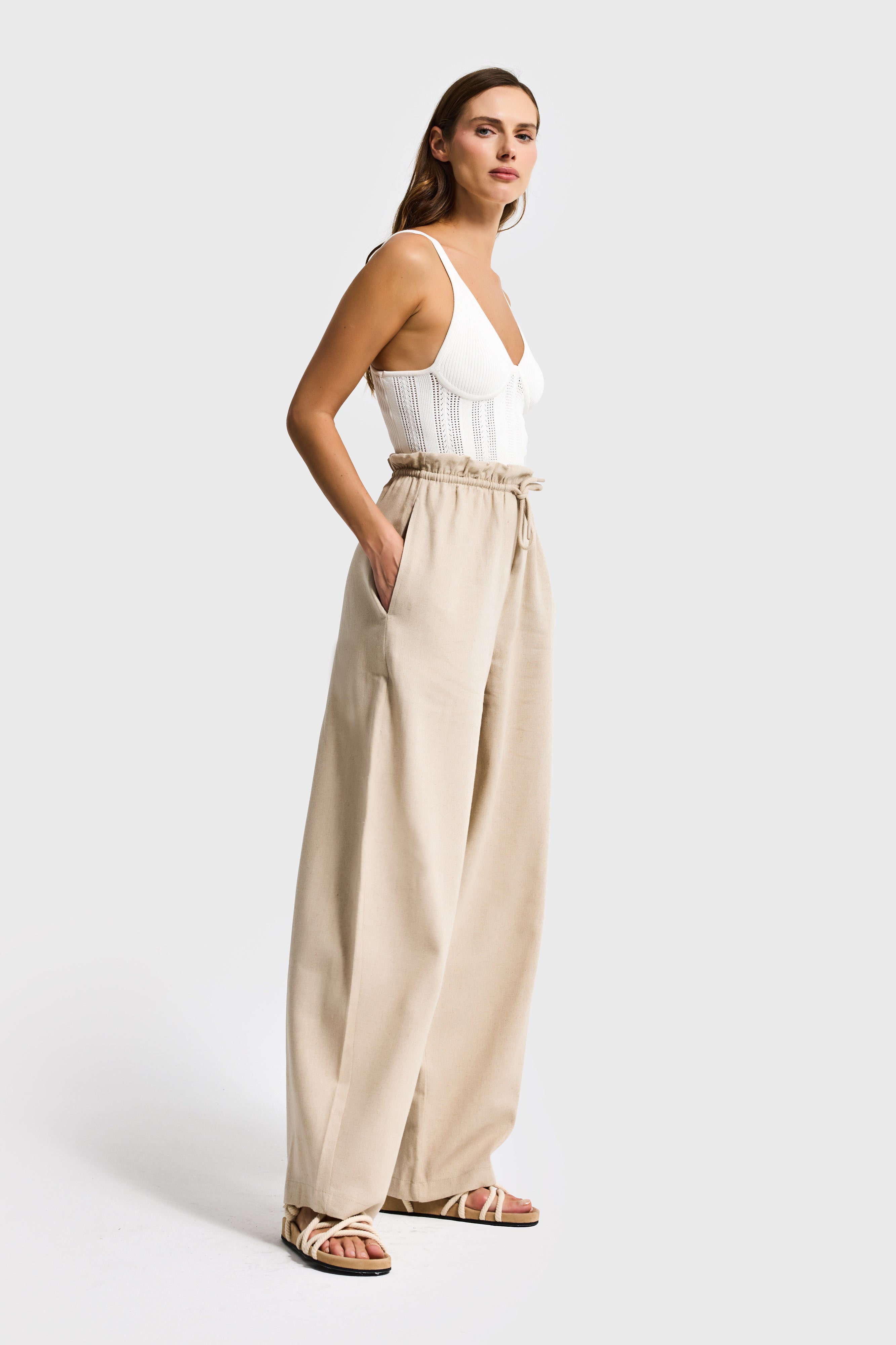 Kadın Bej Renk s6-57 Rahat Kesim Keten Kumaş Belden Lastikli Pantolon