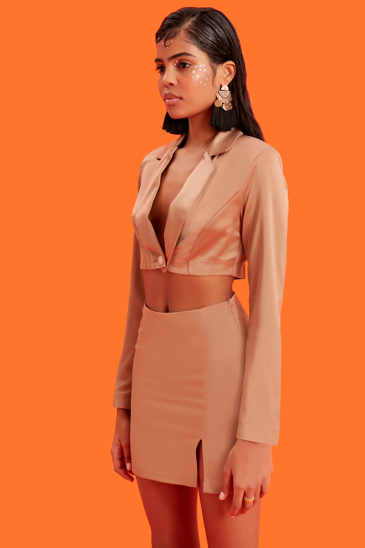 Women's Beige Satin Fabric Crop Fit Collar Bolero Jacket