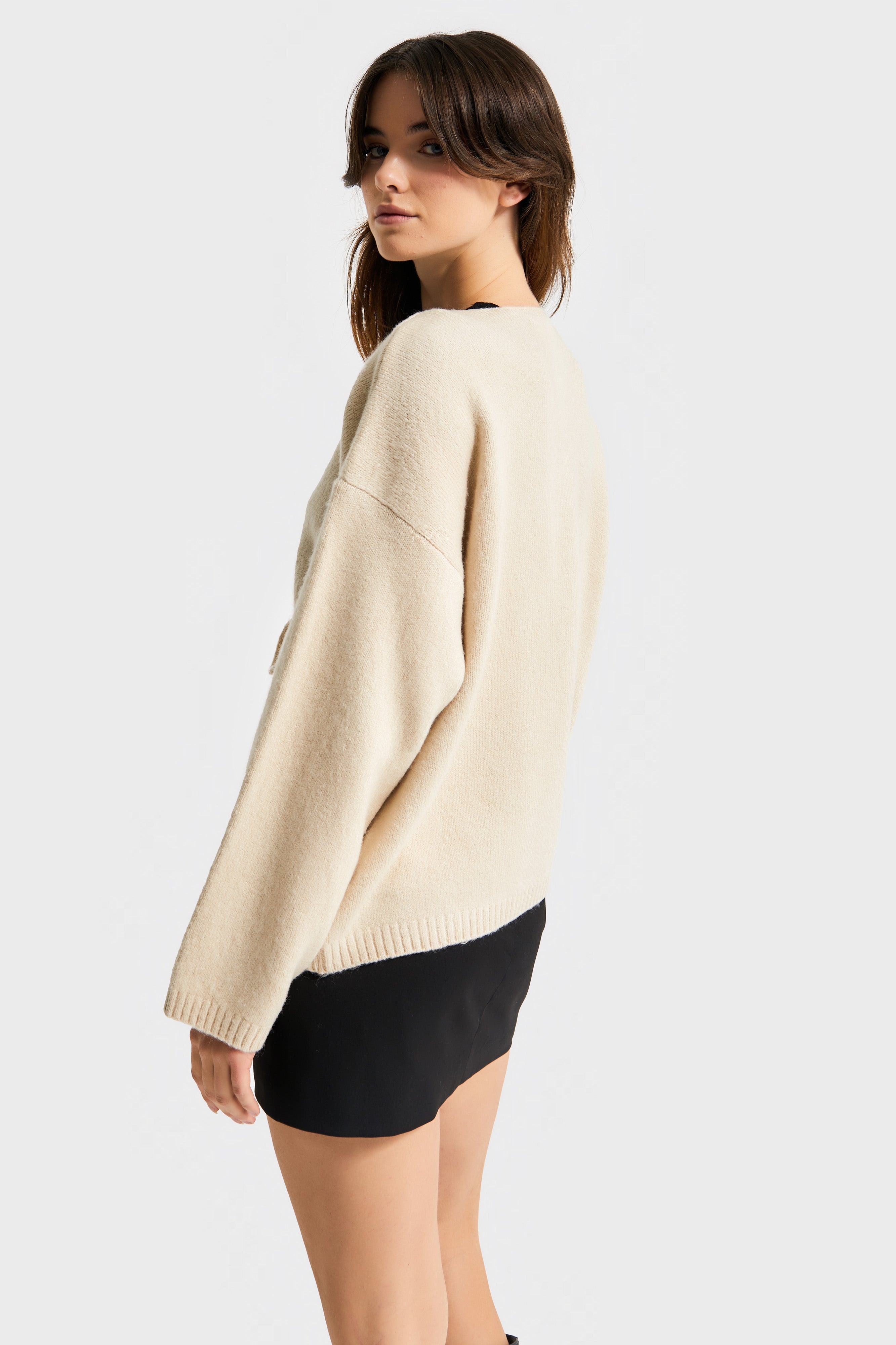 Kadın Bej Renk w5-101 Önü Bağcıklı Oversize Triko Kazak