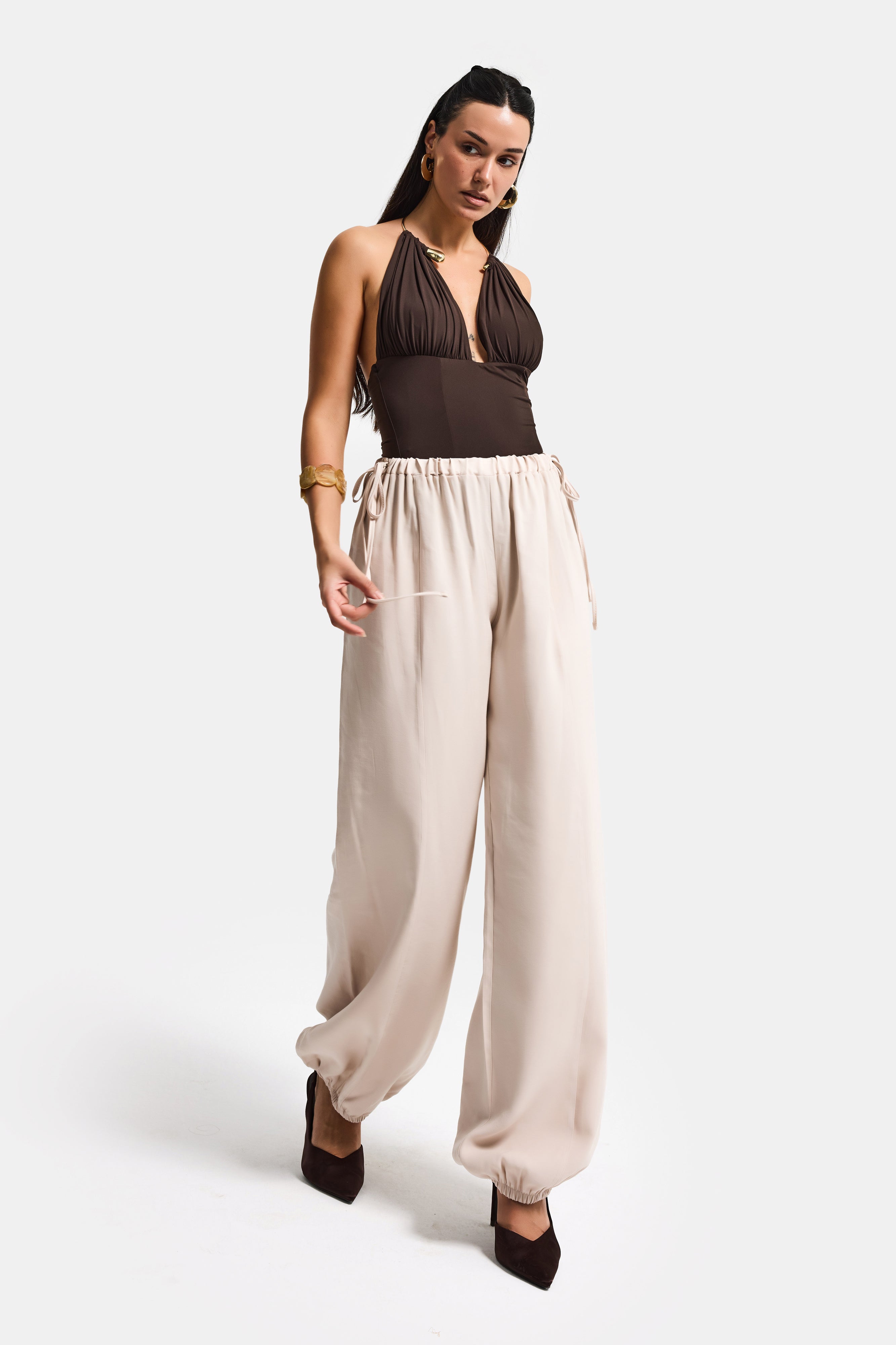 Kadın Bej s6-106 Baggy Jogger Fit Bol Kesim Pantolon