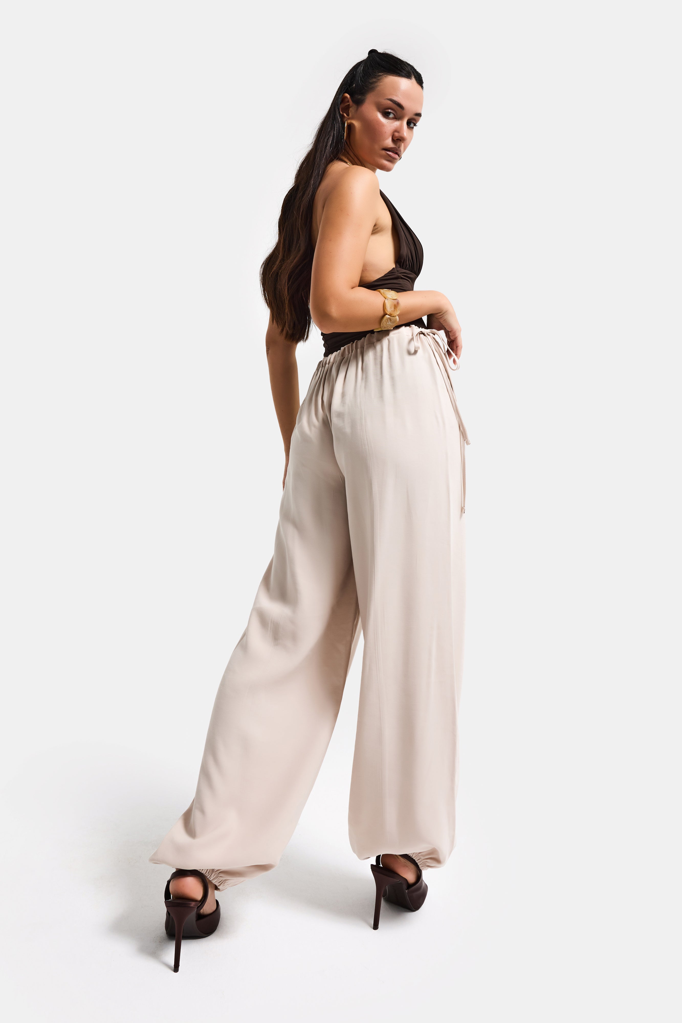 Kadın Bej s6-106 Baggy Jogger Fit Bol Kesim Pantolon