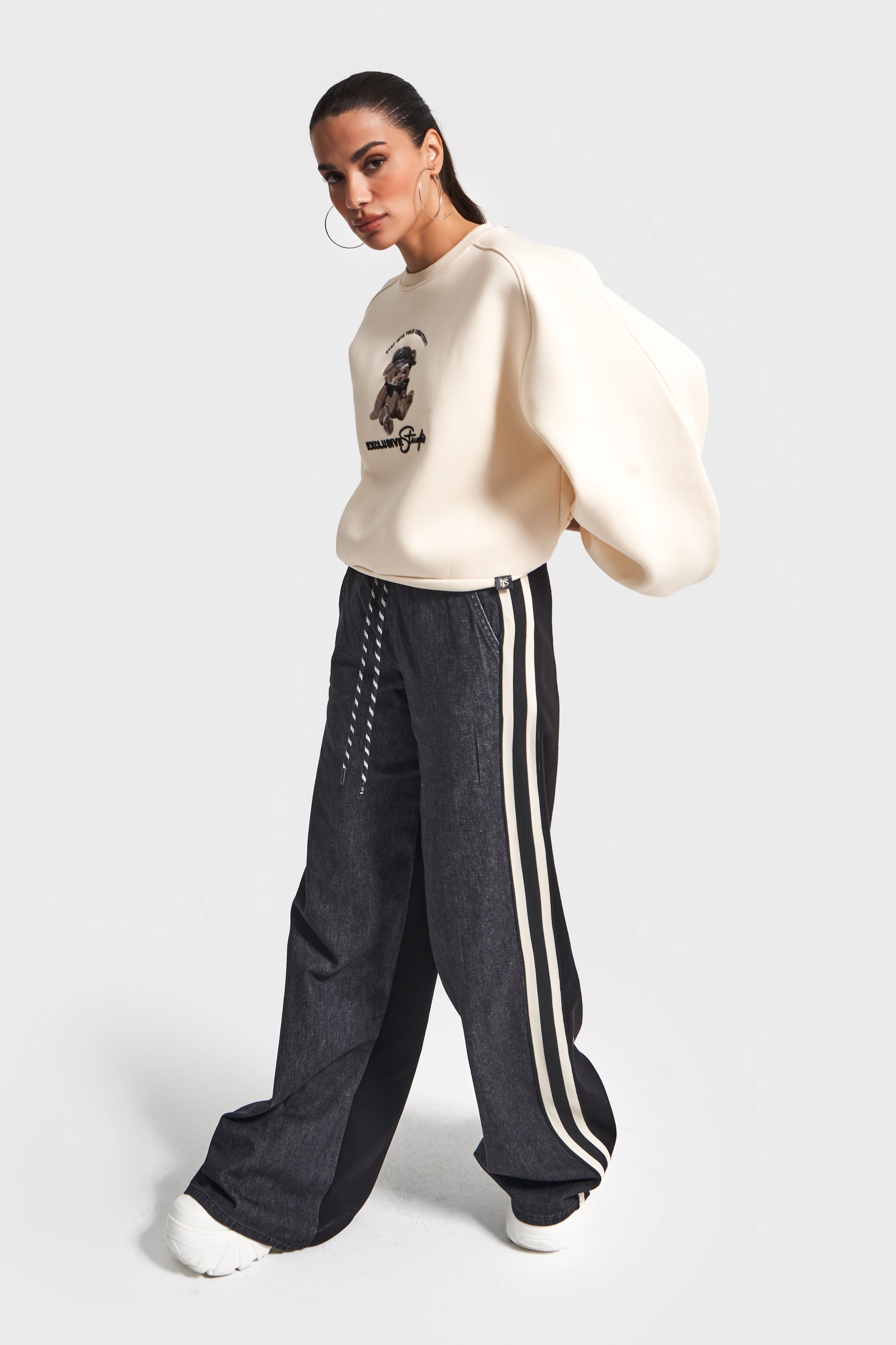 Kadın Bej Siyah Kot Rengi w5-105 Tasarım Sweatshirt Pantolon 2'li Kombin Takım