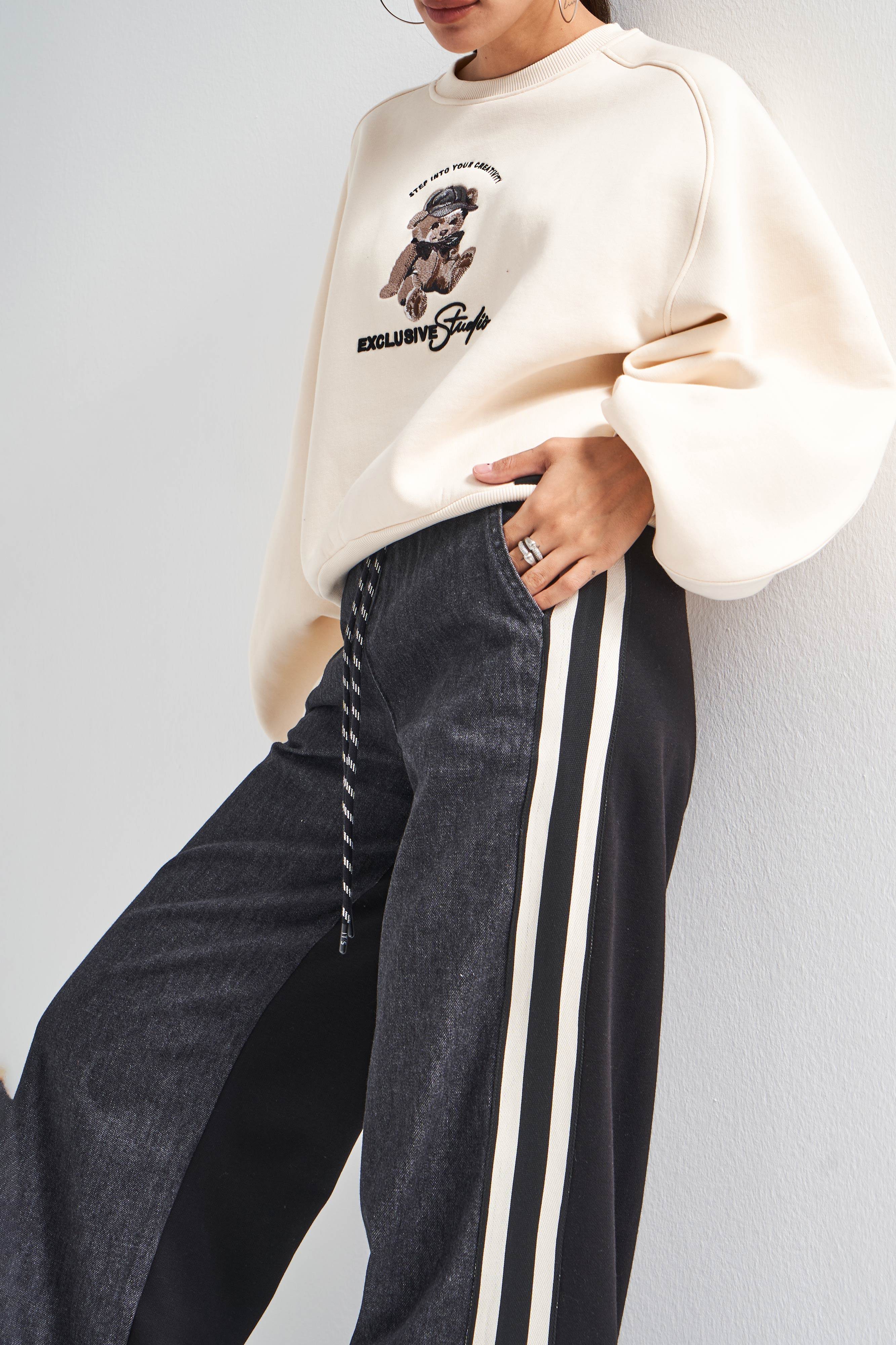 Kadın Bej Siyah Kot Rengi w5-105 Tasarım Sweatshirt Pantolon 2'li Kombin Takım