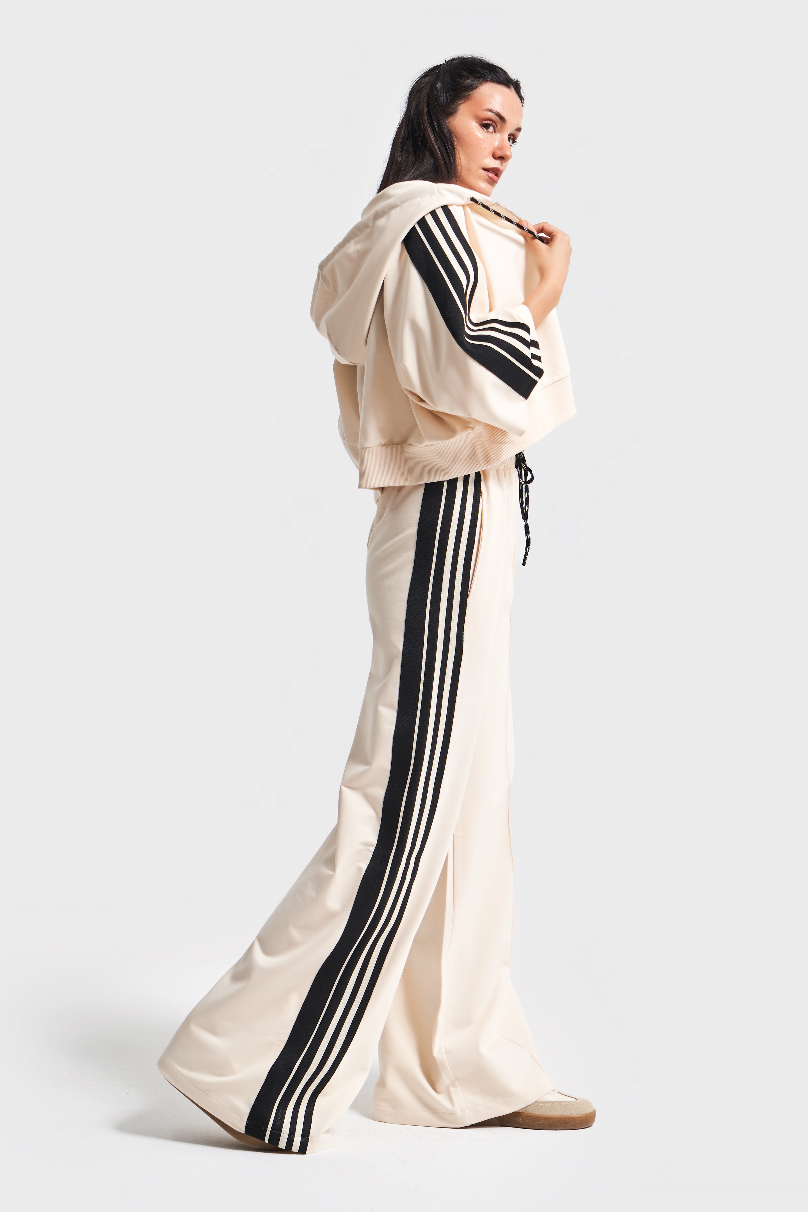 Dames beige zwart kleur s5-105 gebreide stof trainingspak oversized T-shirt rits polar fleece 3-delig pak combinatie