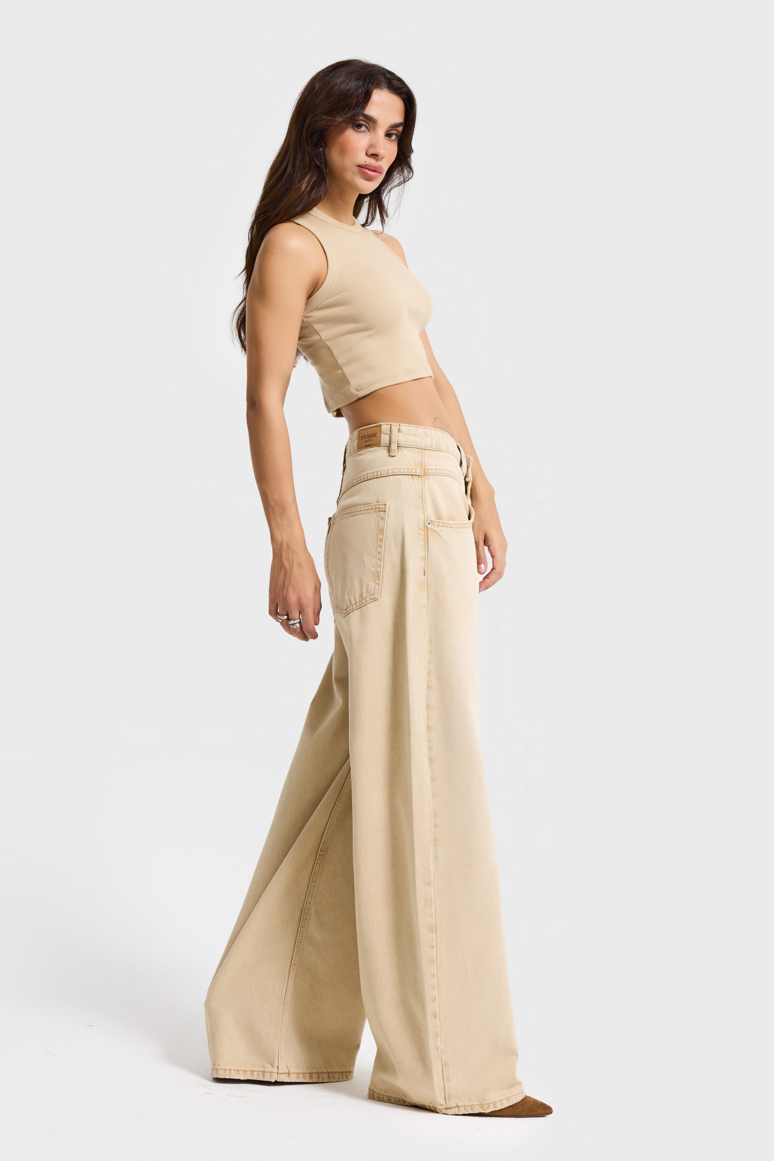 Kadın Bej Taş Renk 4w5-142 Low Rise Palazzo Fit %100 Koton Denim Jean