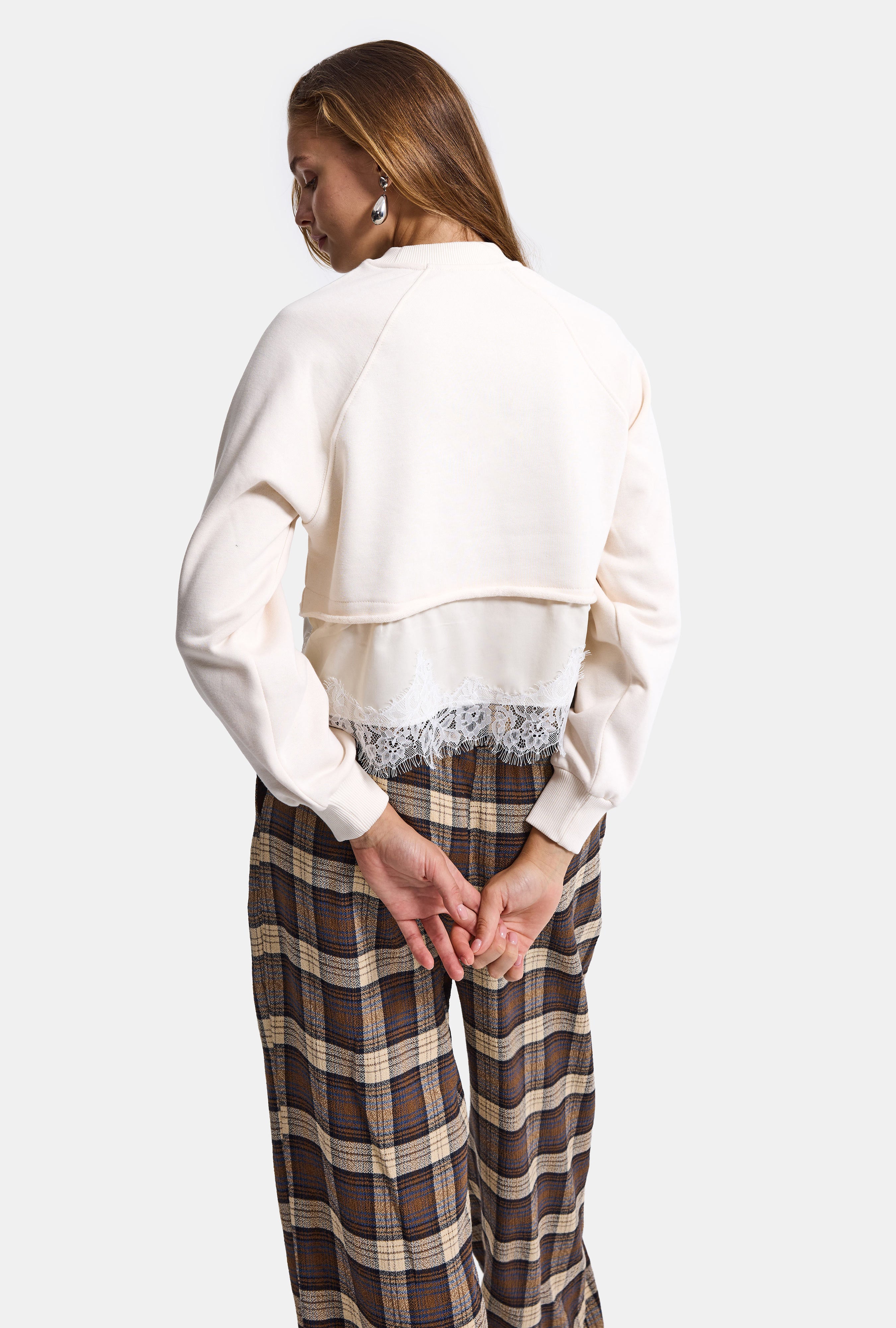 Kadın Bej w6-105 Dantel Detaylı Bol Kesim Tasarım Sweatshirt