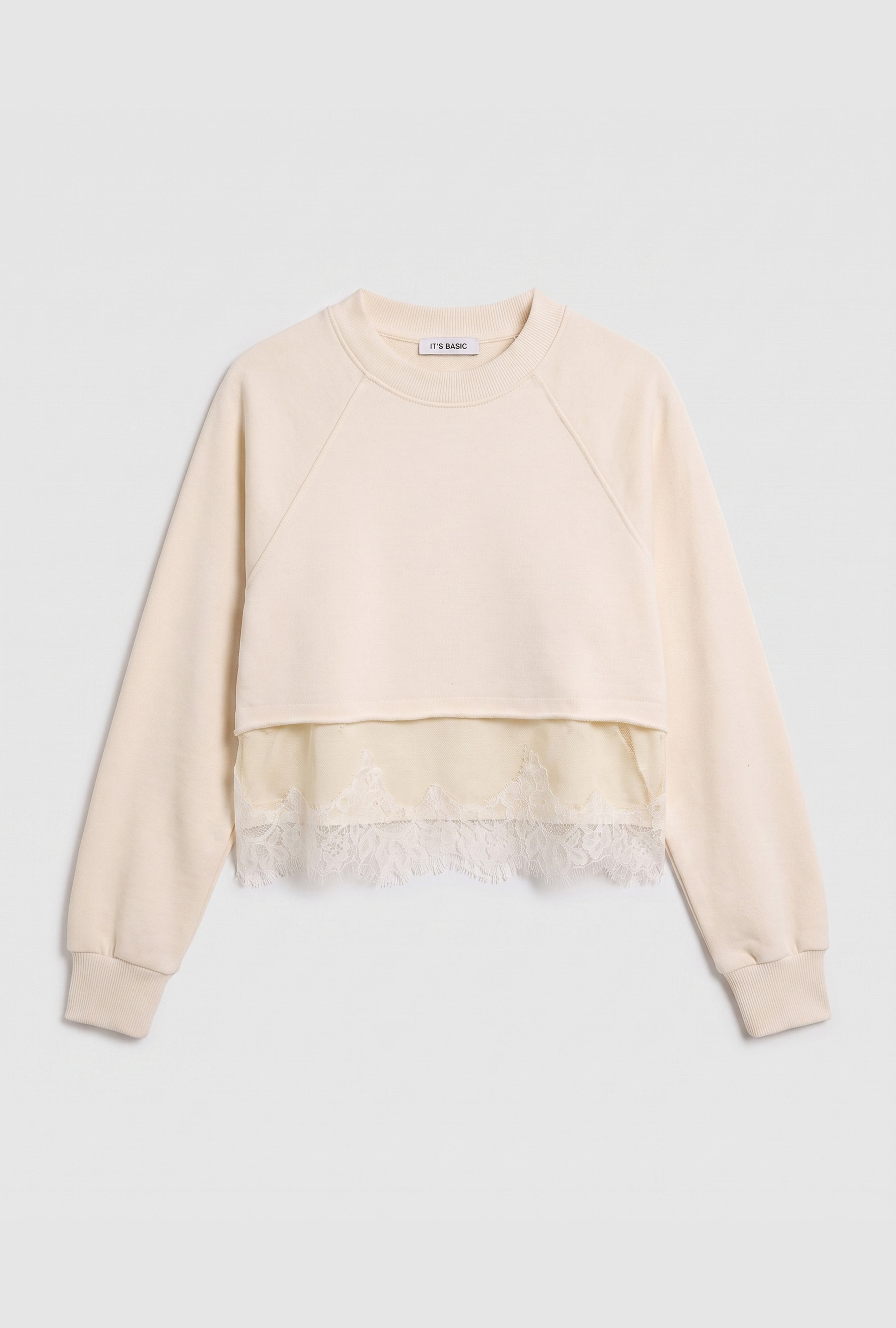 Kadın Bej w6-105 Dantel Detaylı Bol Kesim Tasarım Sweatshirt