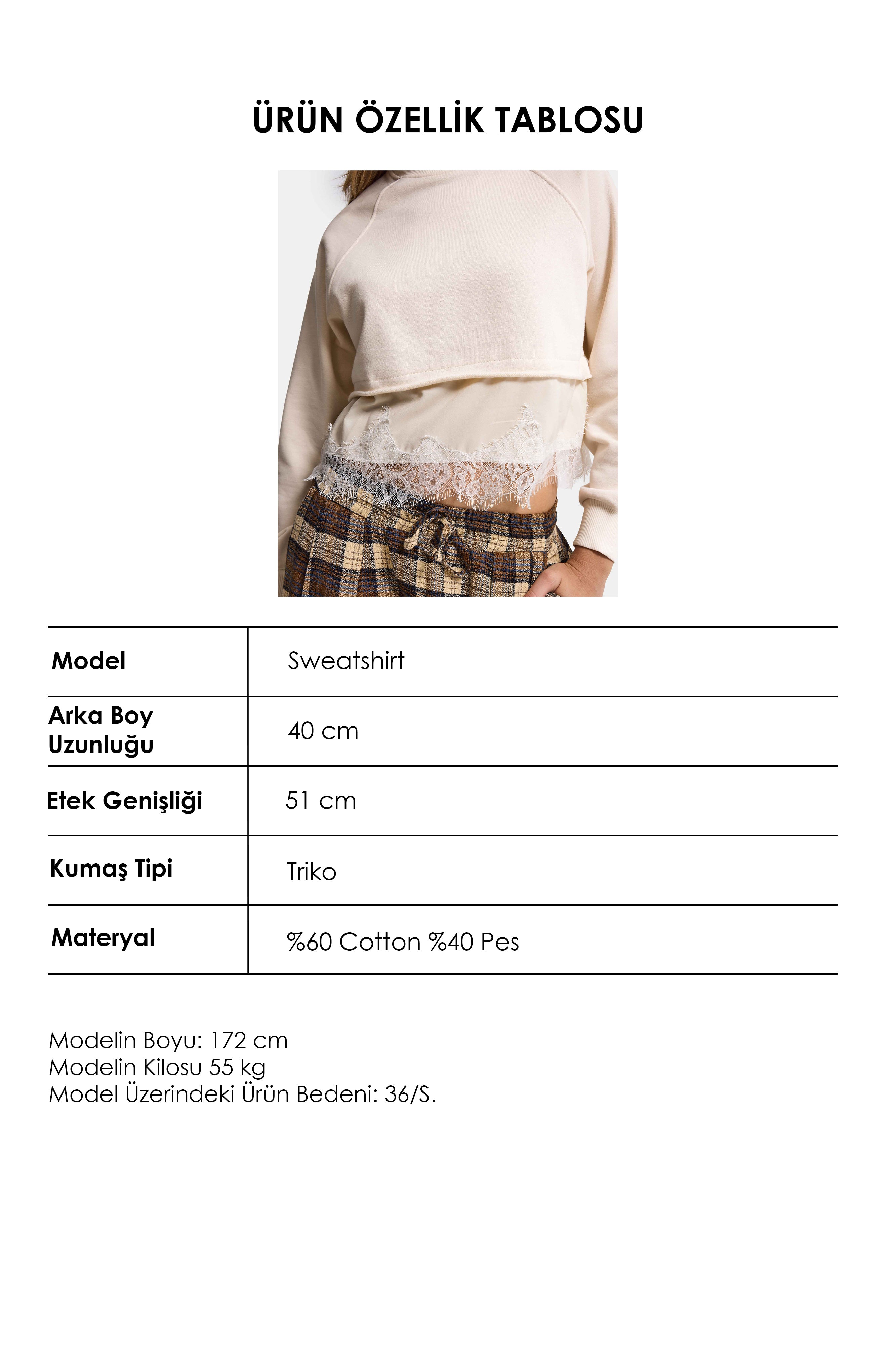 Kadın Bej w6-105 Dantel Detaylı Bol Kesim Tasarım Sweatshirt
