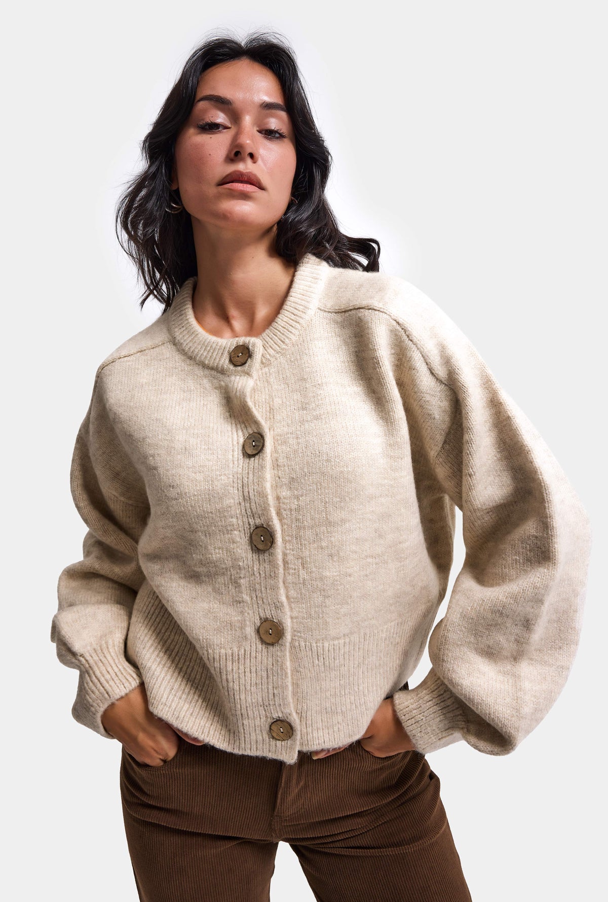 Kadın Bej w6-57 Oversize Düğmeli Kazak Hırka